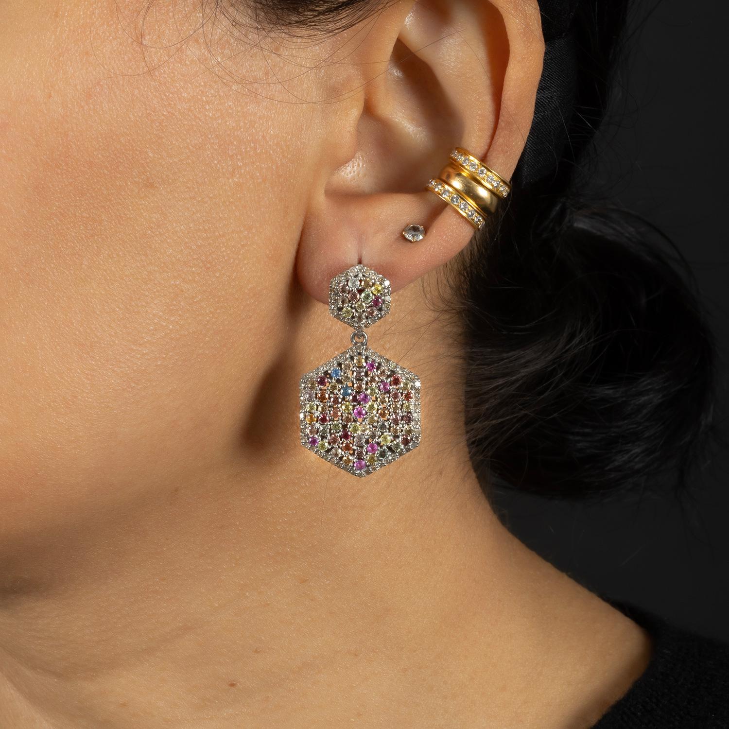 Art Deco Diamond & Coloured Sapphire Drop Earrings For Sale
