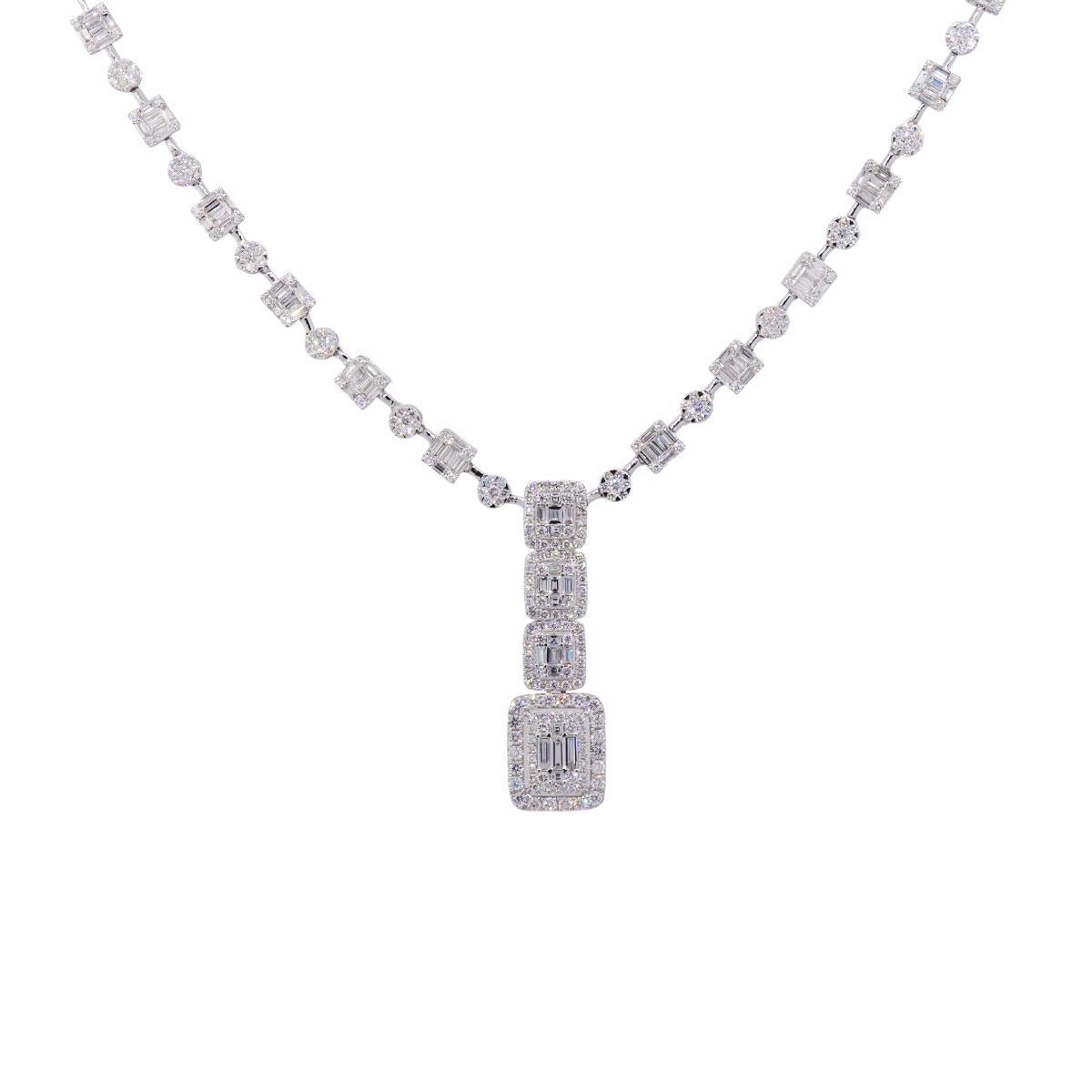 Material: 18k white gold
Diamond Details: Approximately 5.63ctw of round brilliant diamonds (431 stones). Approximately 5.01ctw of baguette shape diamonds (223 stones). Diamonds are G/H in color and VS in clarity
Necklace Measurements: Necklace is