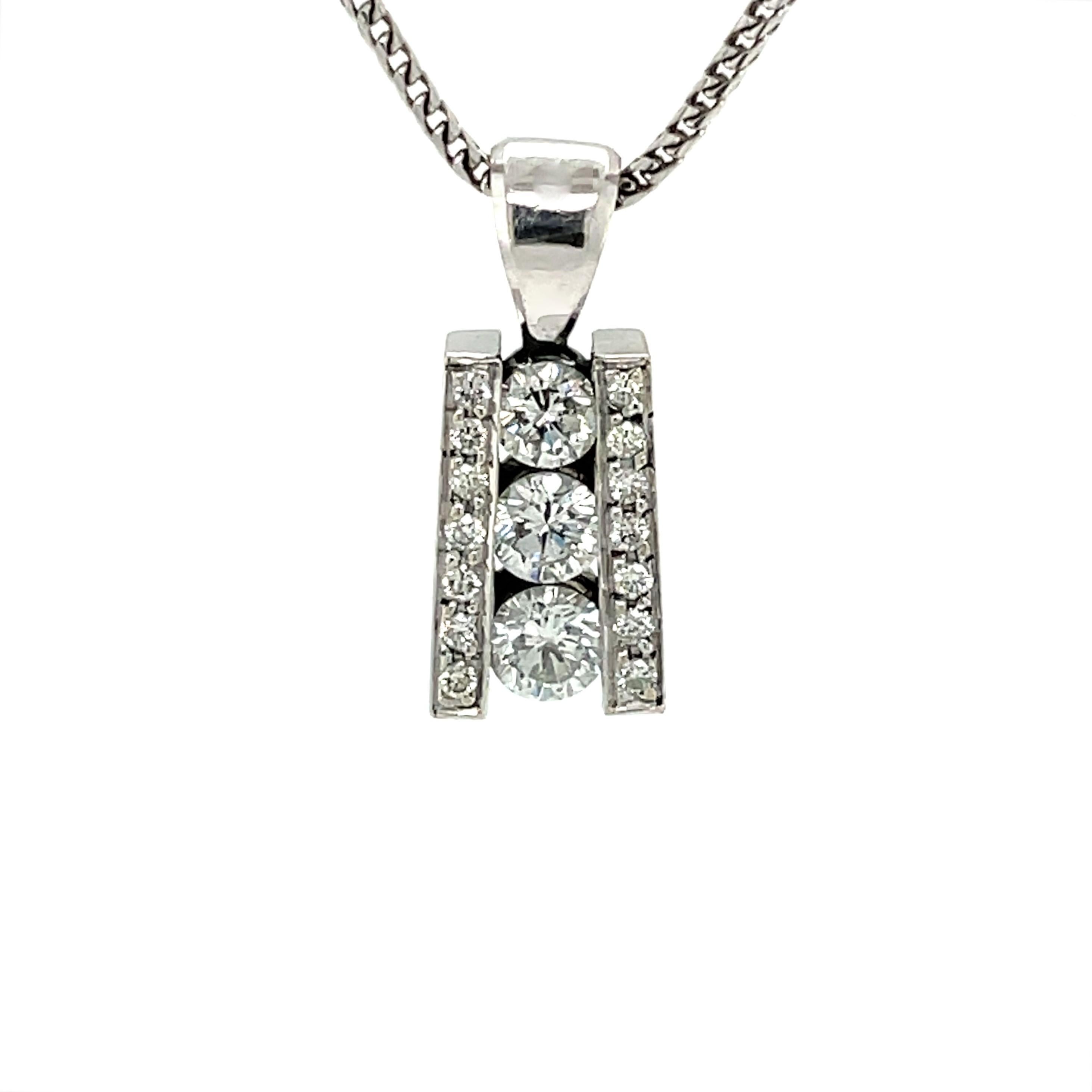 Round Cut Diamond Column Pendant 14 Karat White Gold Pendant Necklace