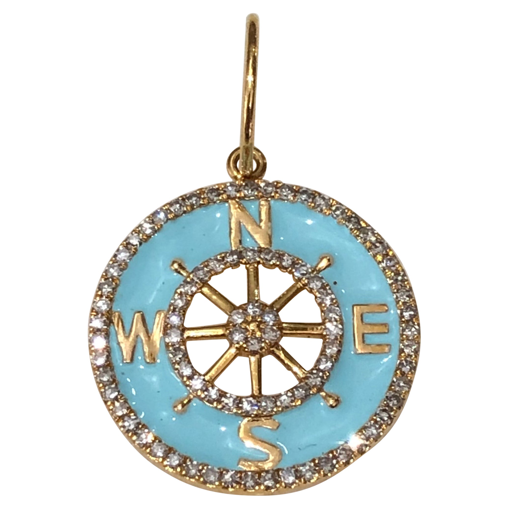 Diamond Compass Charm Estate 14k Yellow Gold Blue Enamel Travel Pendant