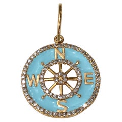 Vintage Diamond Compass Charm Estate 14k Yellow Gold Blue Enamel Travel Pendant
