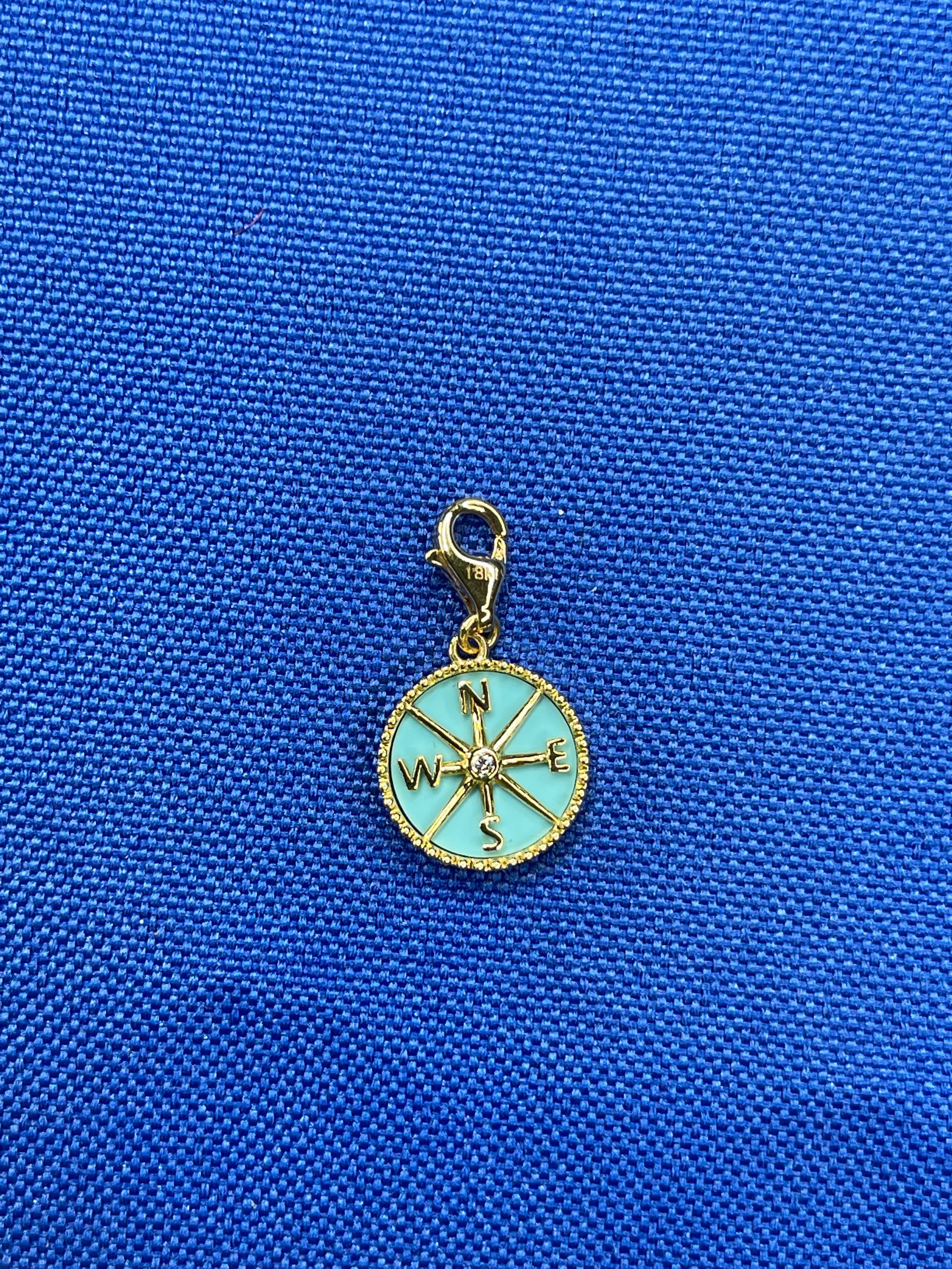 Round Cut Diamond Compass Direction Adventure 18K Gold Medallion Charm Turquoise Pendant For Sale