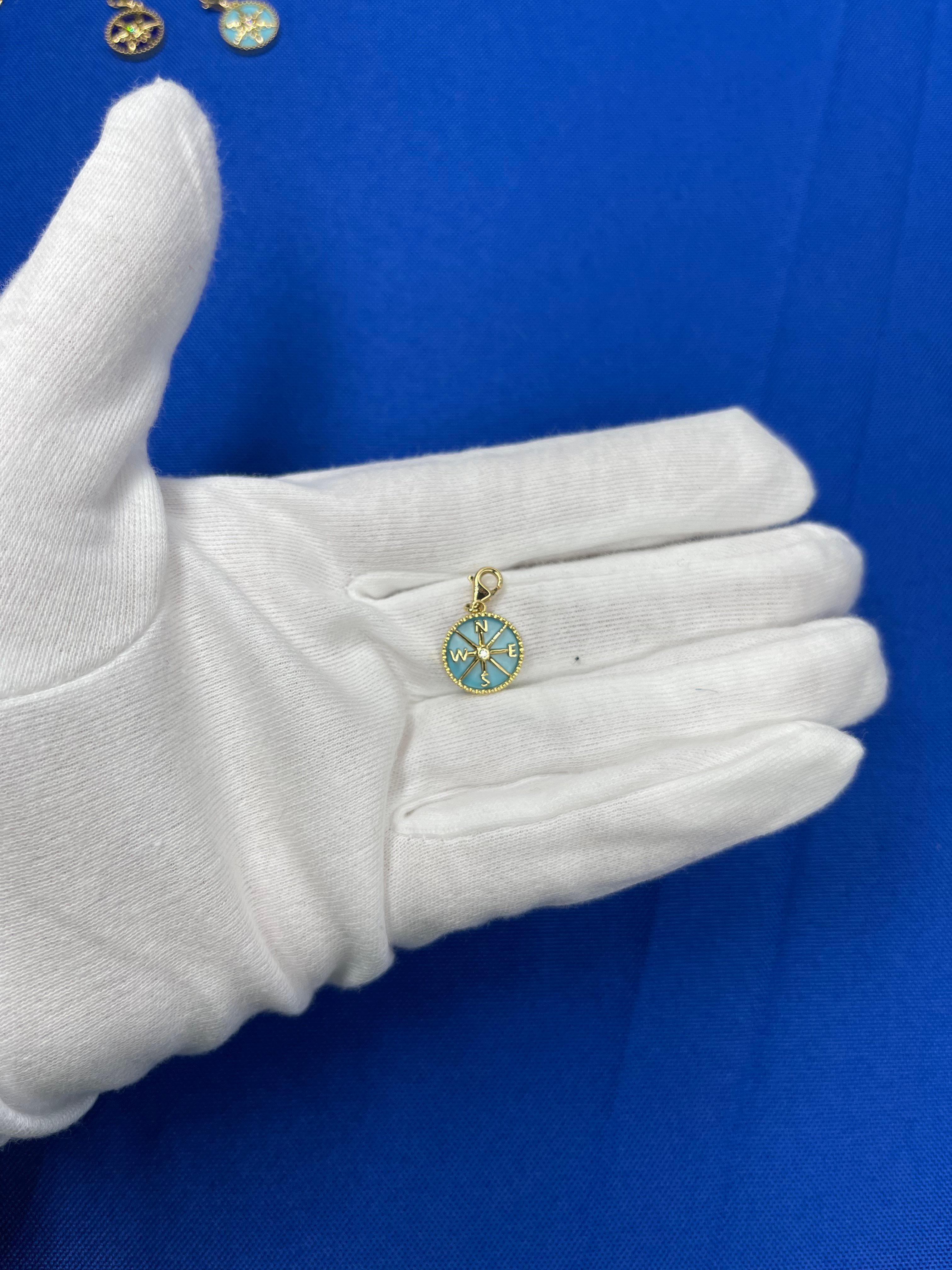 Diamond Compass Direction Adventure 18K Gold Medallion Charm Turquoise Pendant In New Condition In Oakton, VA