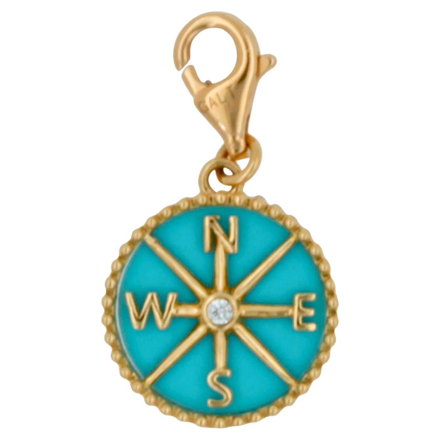 Diamond Compass Direction Adventure 18K Gold Medallion Charm Turquoise Pendant For Sale