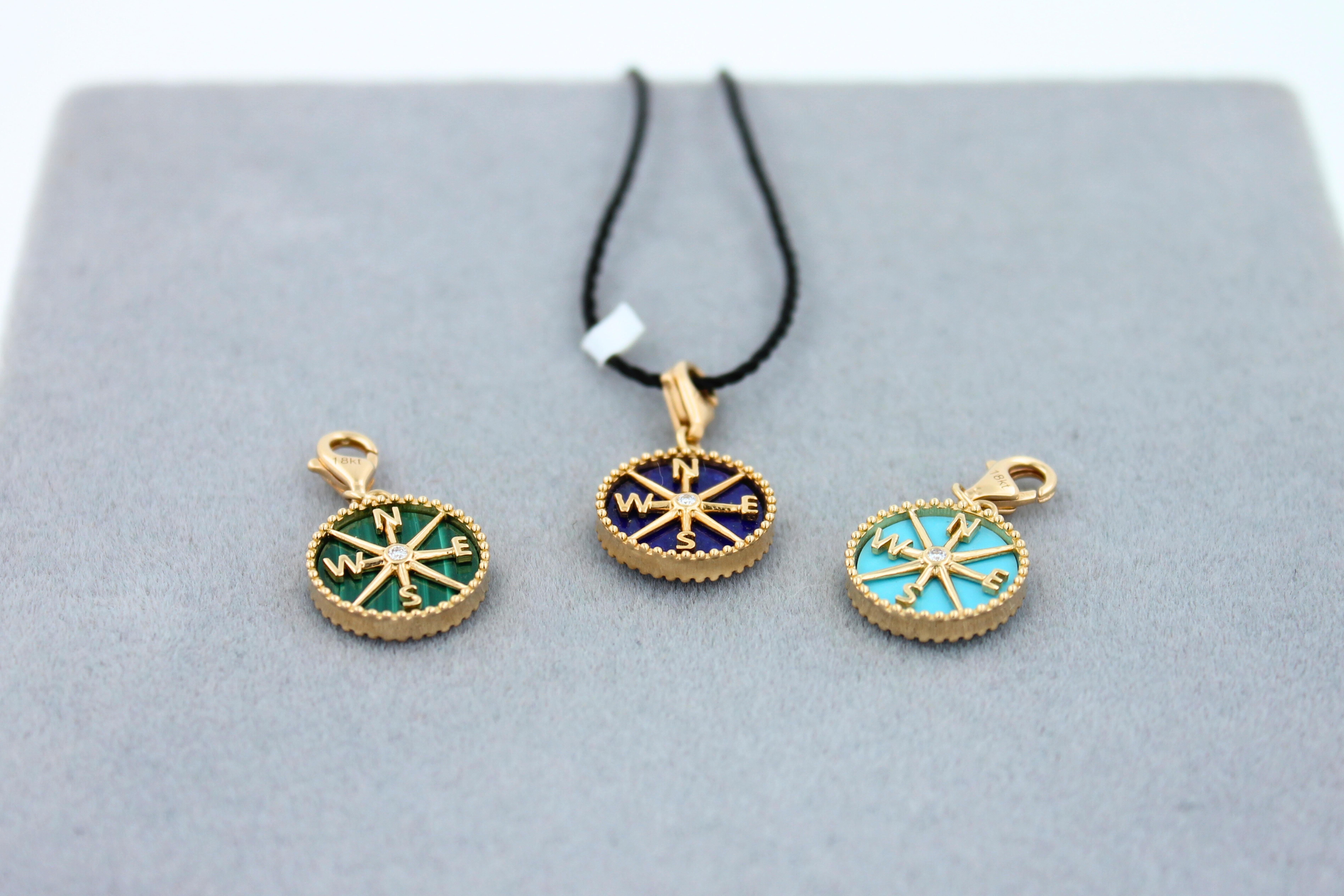 Women's or Men's Diamond Compass Direction Adventure 18K Gold Medallion Charm Turquoise Pendant For Sale