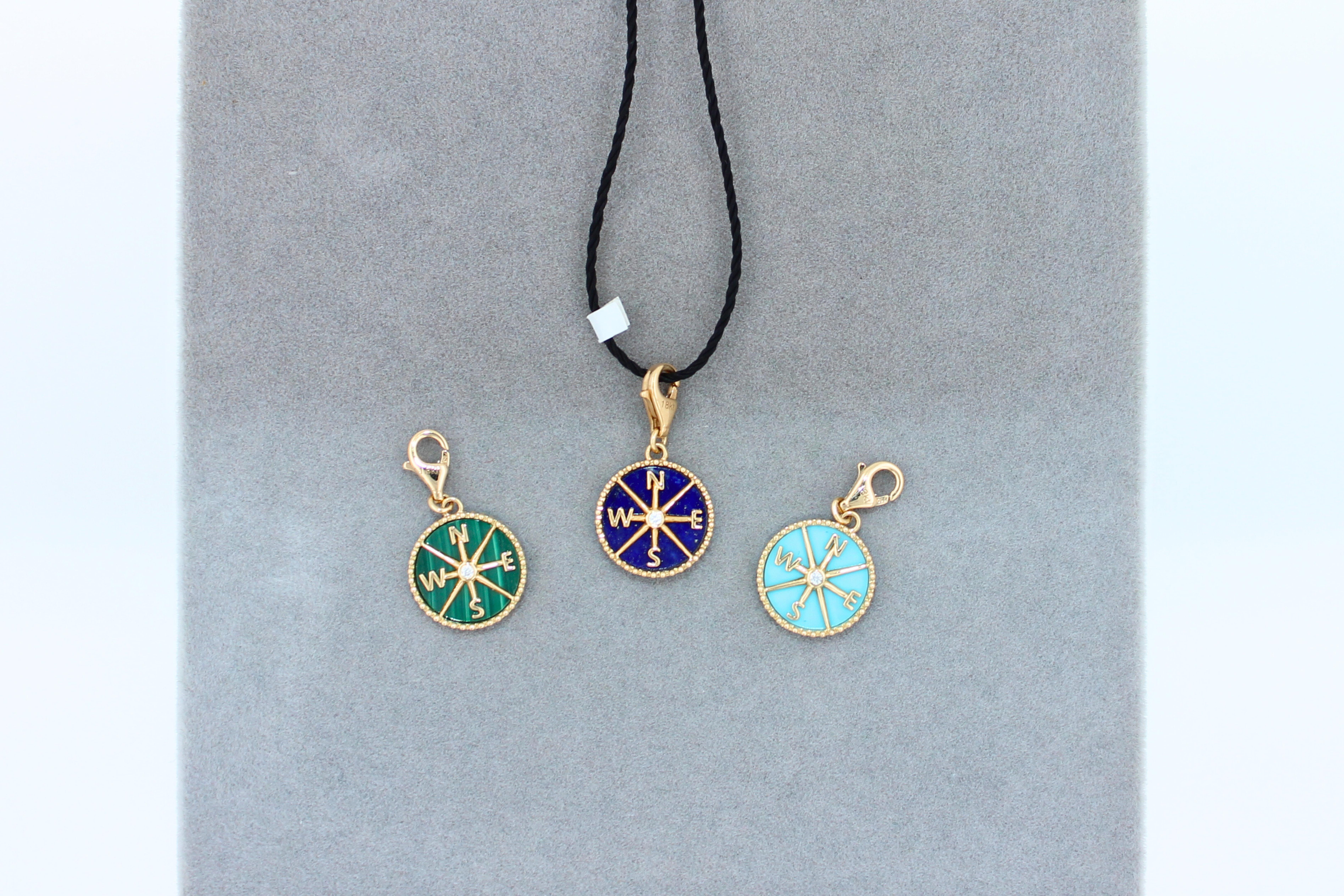 Diamond Compass Direction Adventure 18K Gold Medallion Charm Turquoise Pendant For Sale 1