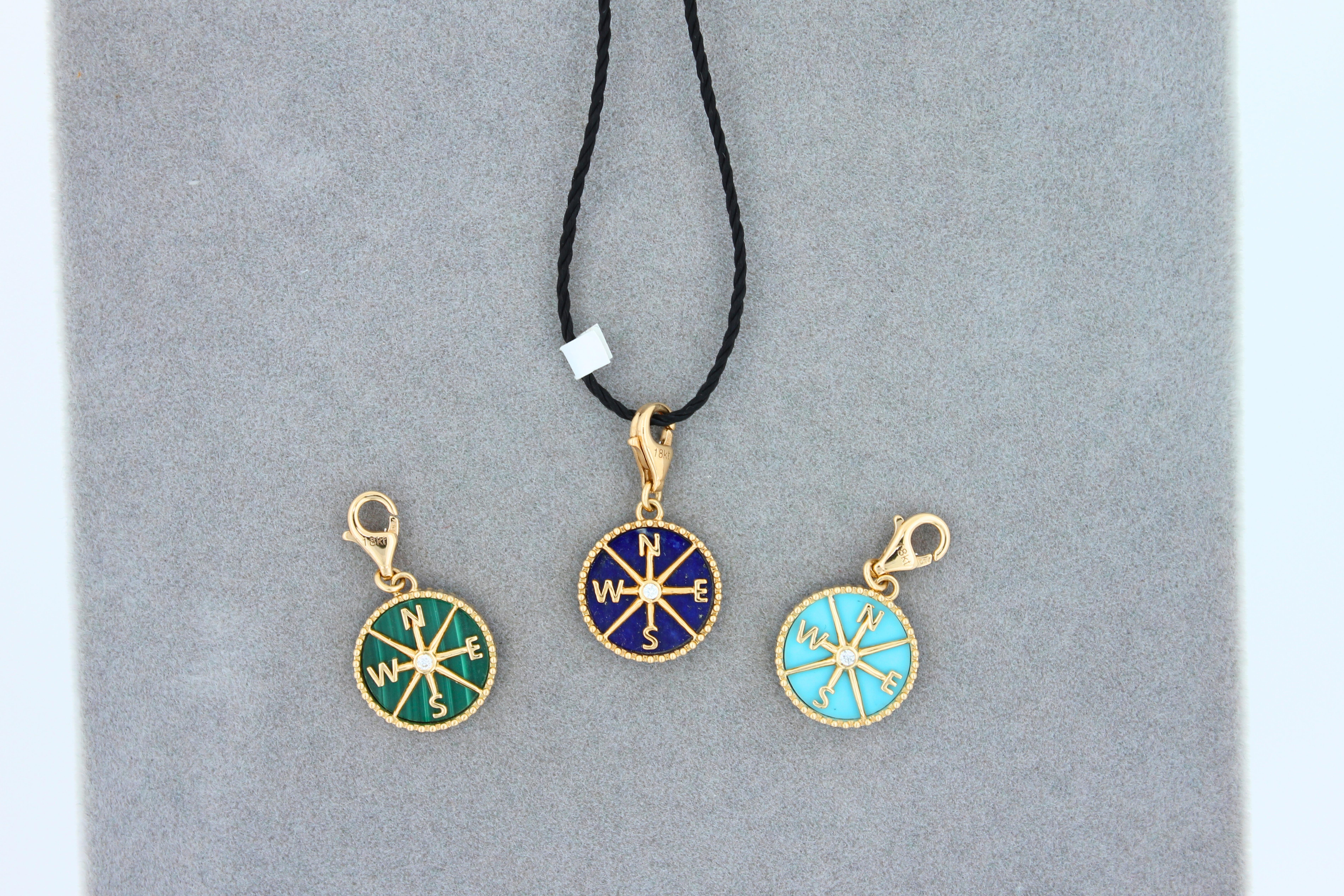 Diamond Compass Direction Adventure 18K Gold Medallion Charm Turquoise Pendant For Sale 2