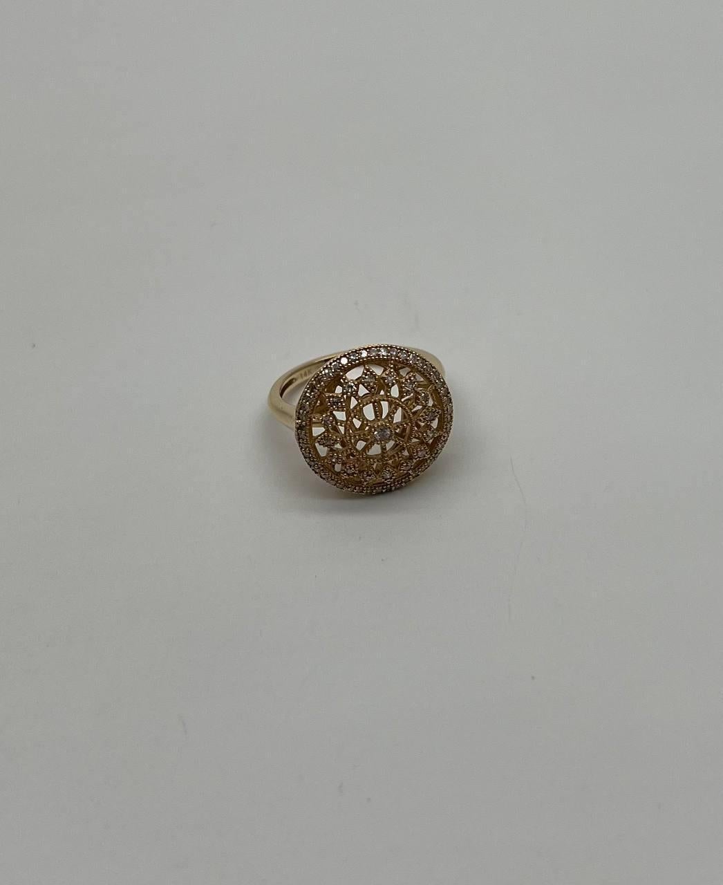 Mixed Cut Diamond Compass Filigree Halo 14K Yellow Gold Statement Symbol Ring For Sale
