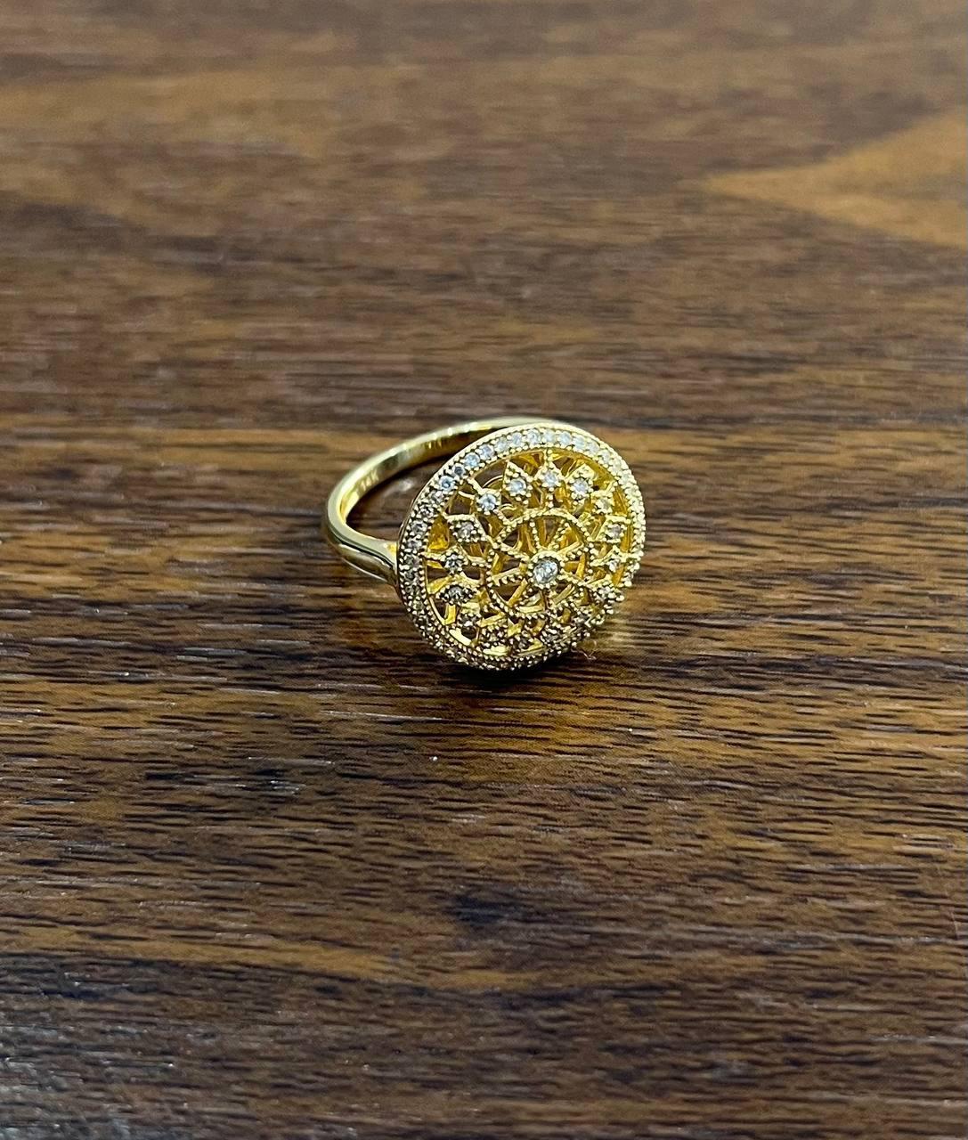 Diamond Compass Filigree Halo 14K Yellow Gold Statement Symbol Ring For Sale 2