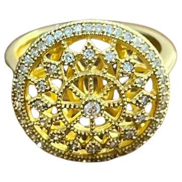 Diamond Compass Filigree Halo 14K Yellow Gold Statement Symbol Ring For Sale