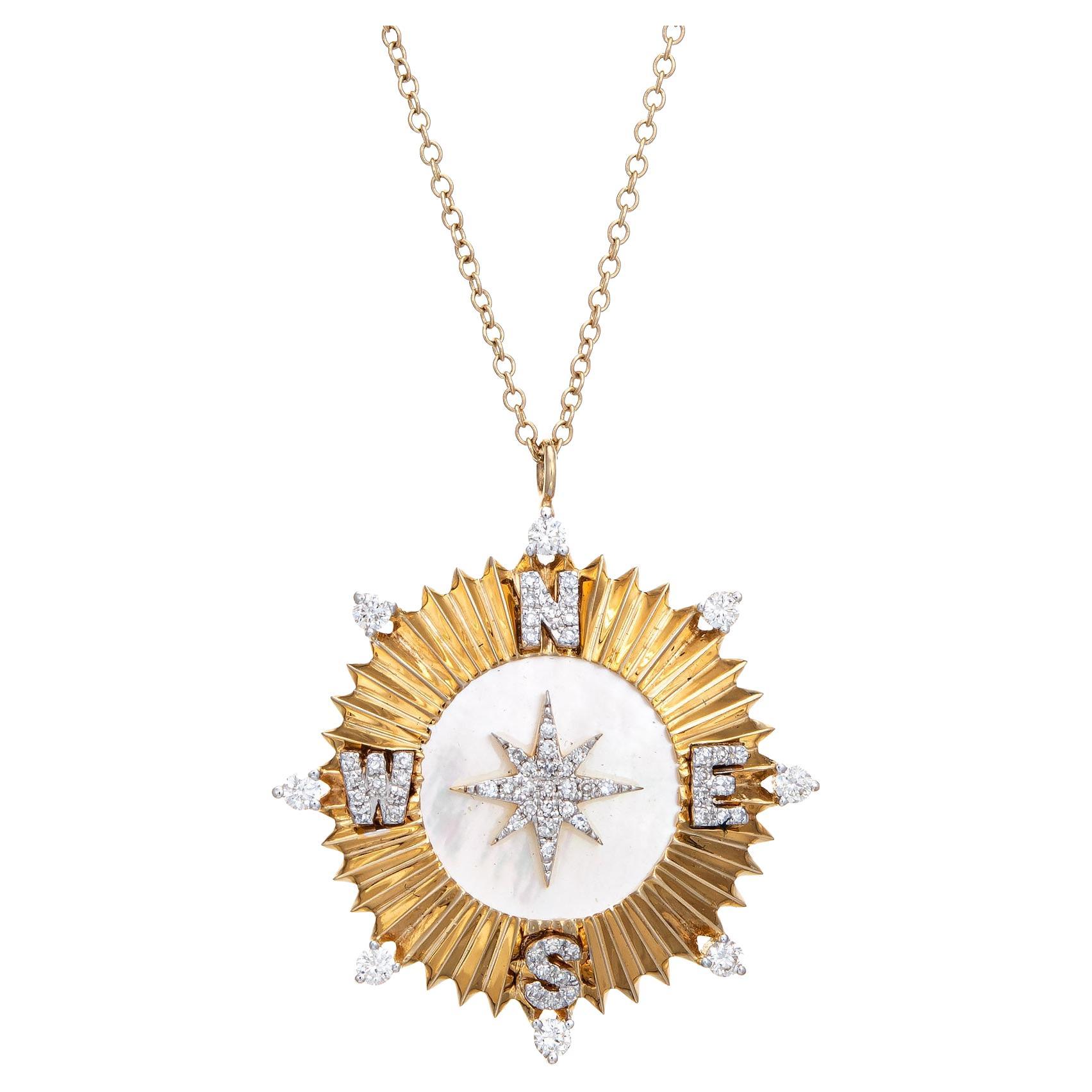 Diamond Compass Necklace Estate 14k Yellow Gold White Enamel Star Travel