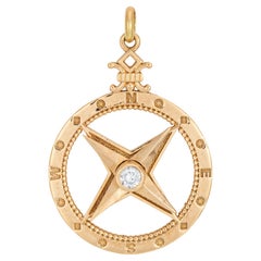 Diamond Compass Pendant 18k Yellow Gold Estate Fine Jewelry Points Move