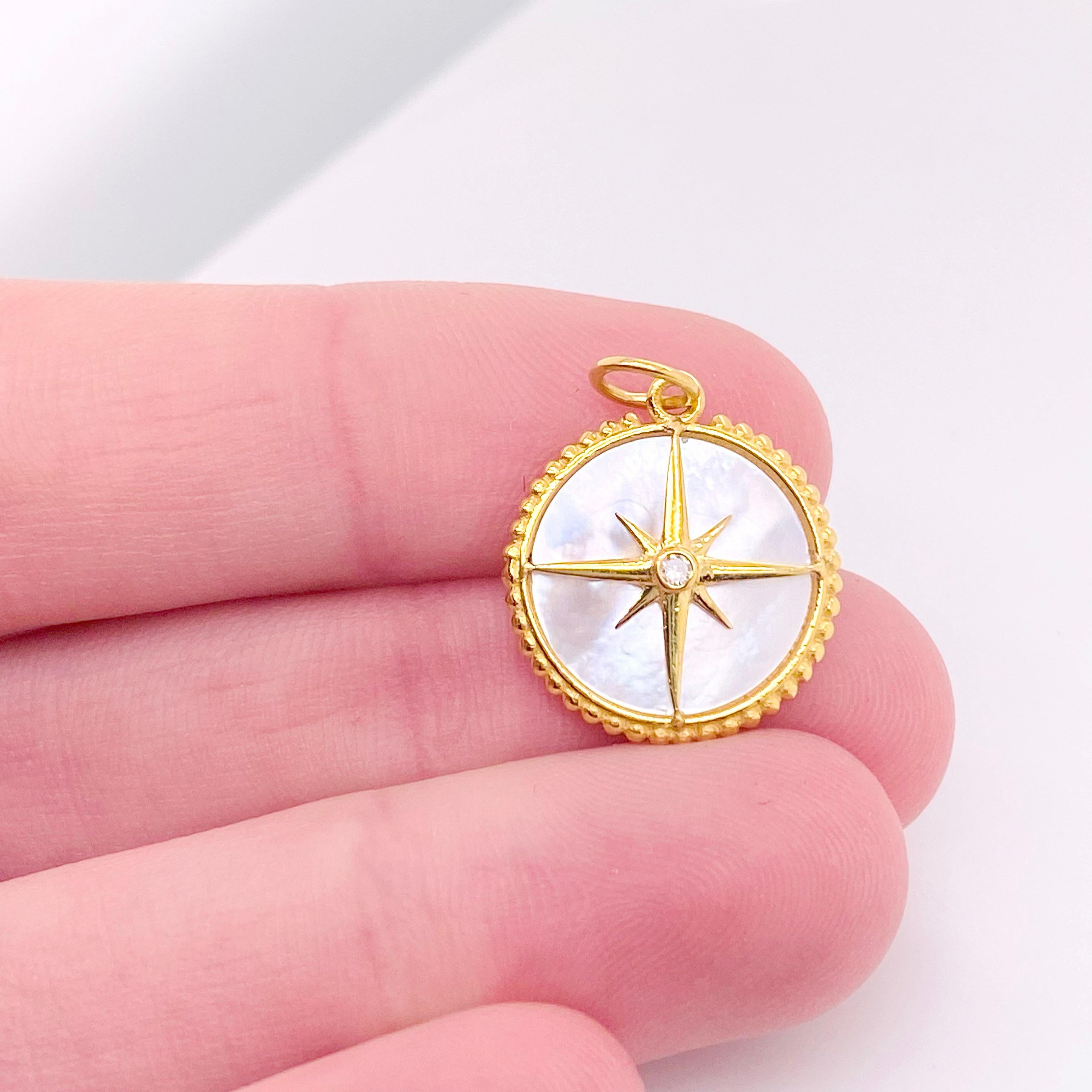 Contemporary Diamond Compass Pendant Mother of Pearl Charm, Find Your Way, 14K Yellow Gold For Sale
