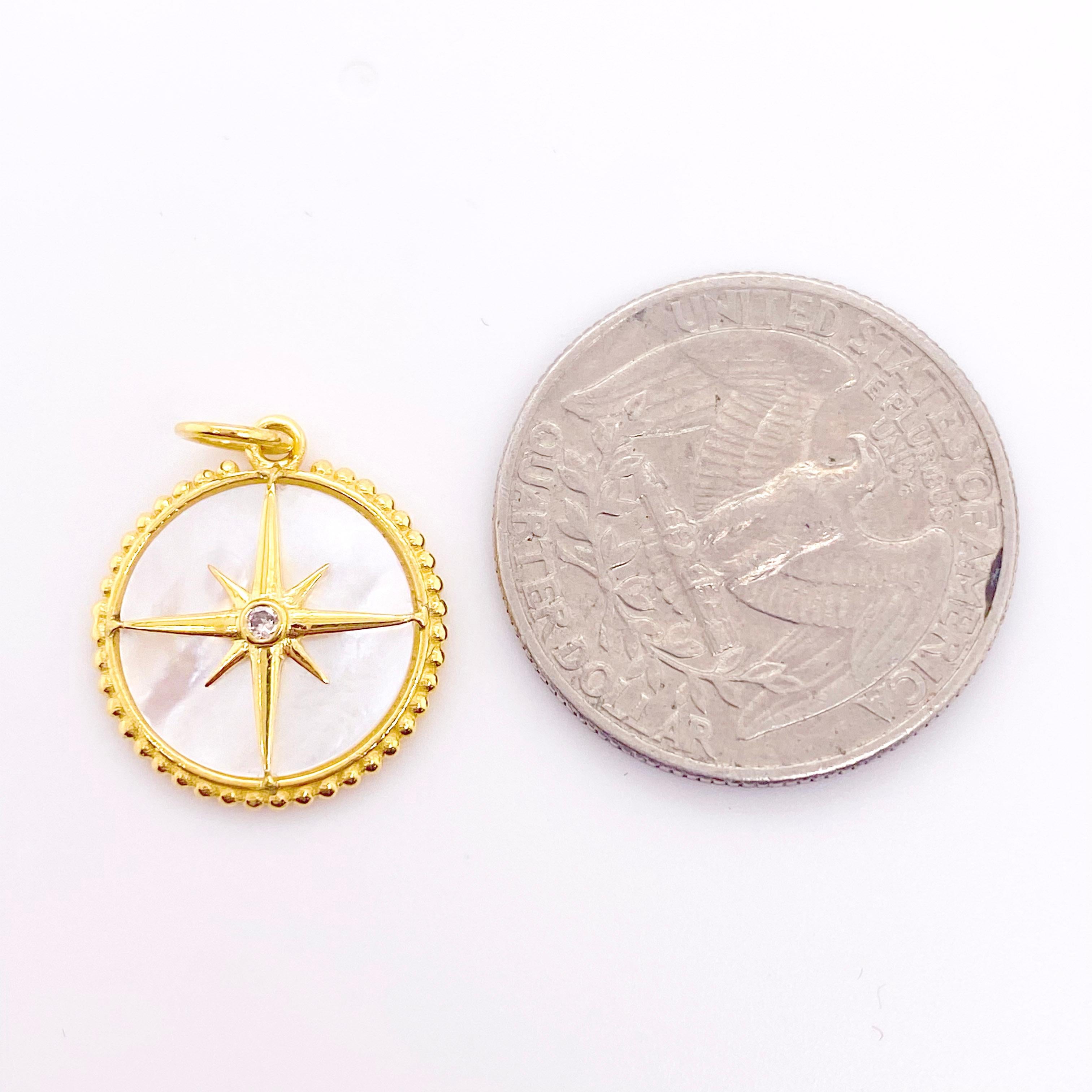 Round Cut Diamond Compass Pendant Mother of Pearl Charm, Find Your Way, 14K Yellow Gold For Sale