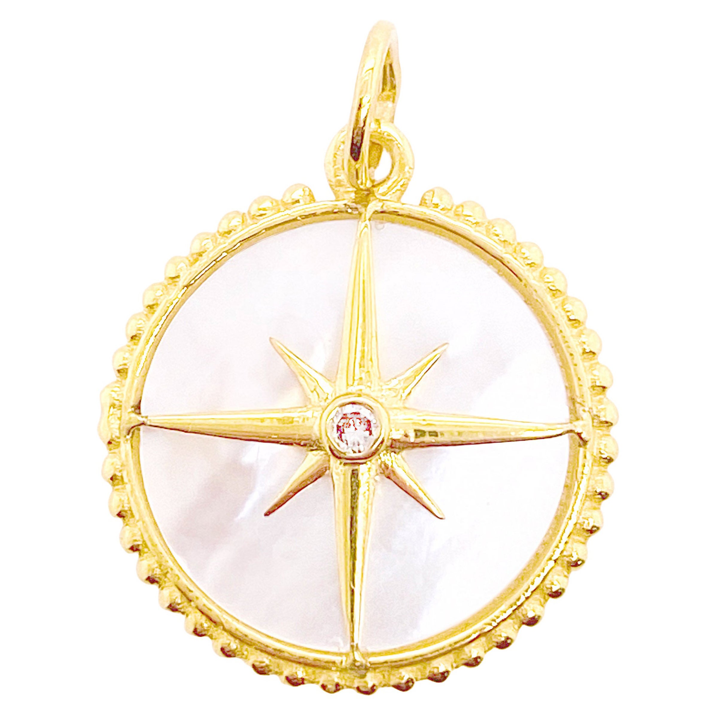 Diamond Compass Pendant Mother of Pearl Charm, Find Your Way, 14K Yellow Gold For Sale