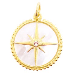 Vintage Diamond Compass Pendant Mother of Pearl Charm, Find Your Way, 14K Yellow Gold