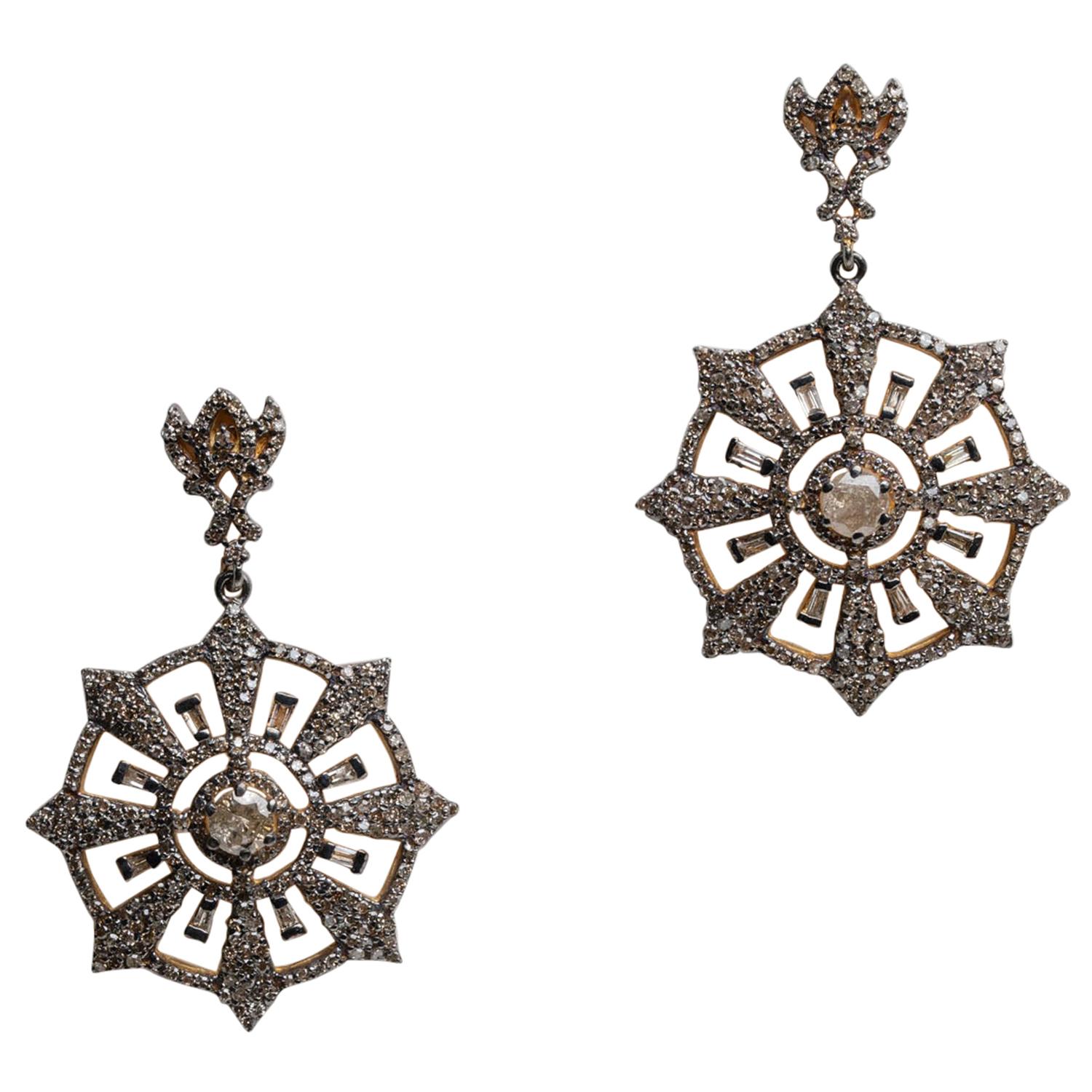 Diamond Compass Rose Dangle Chandelier Earrings