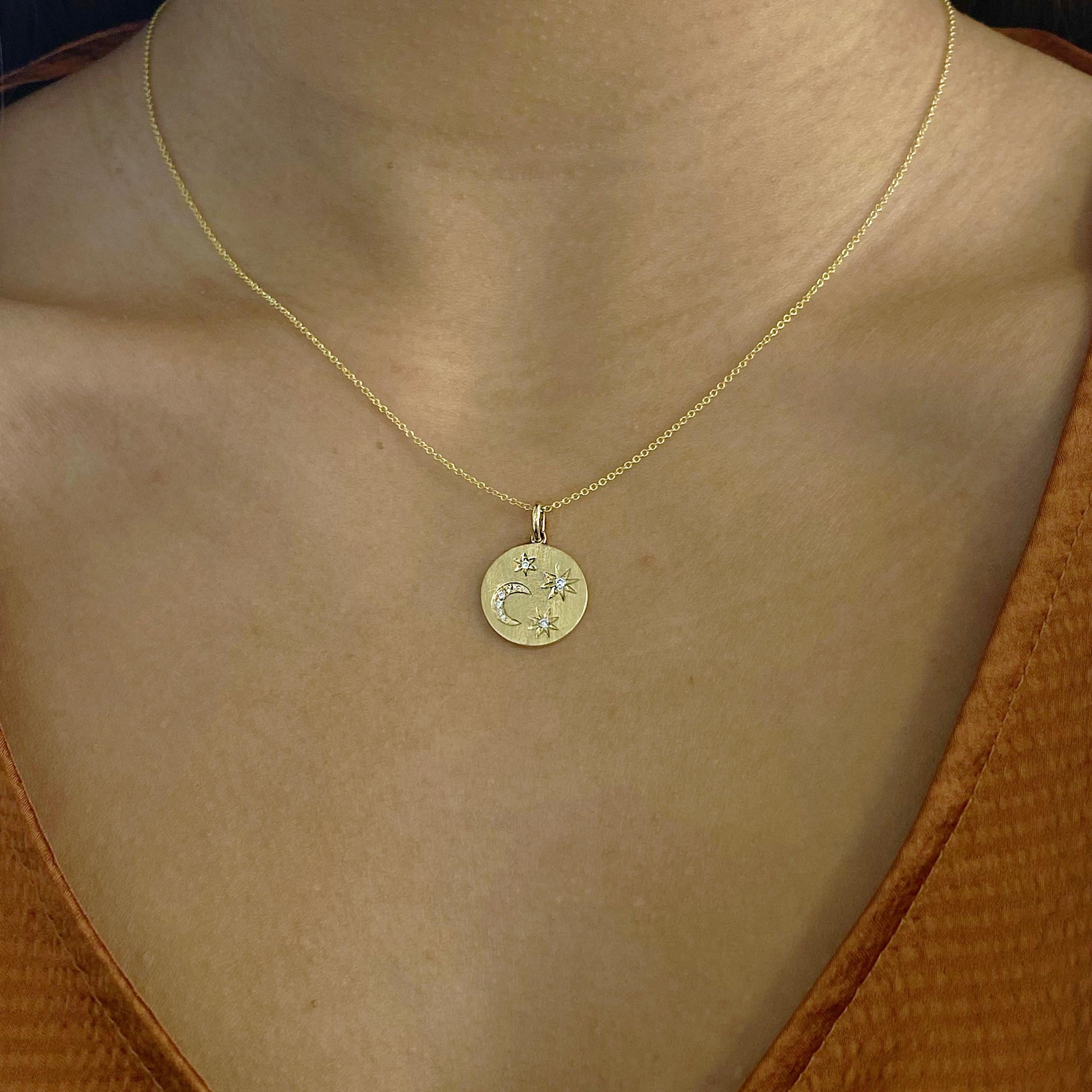 Contemporary Diamond Constellation Necklace, Satin Finish, Moon And Star Disk Pendant 9 Dia For Sale
