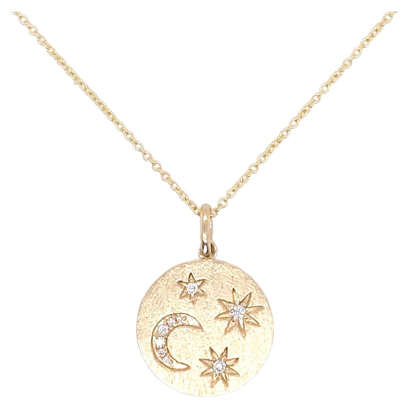 Diamond Constellation Necklace, Satin Finish, Moon And Star Disk Pendant 9 Dia For Sale