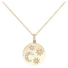 Diamond Constellation Necklace, Satin Finish, Moon And Star Disk Pendant 9 Dia