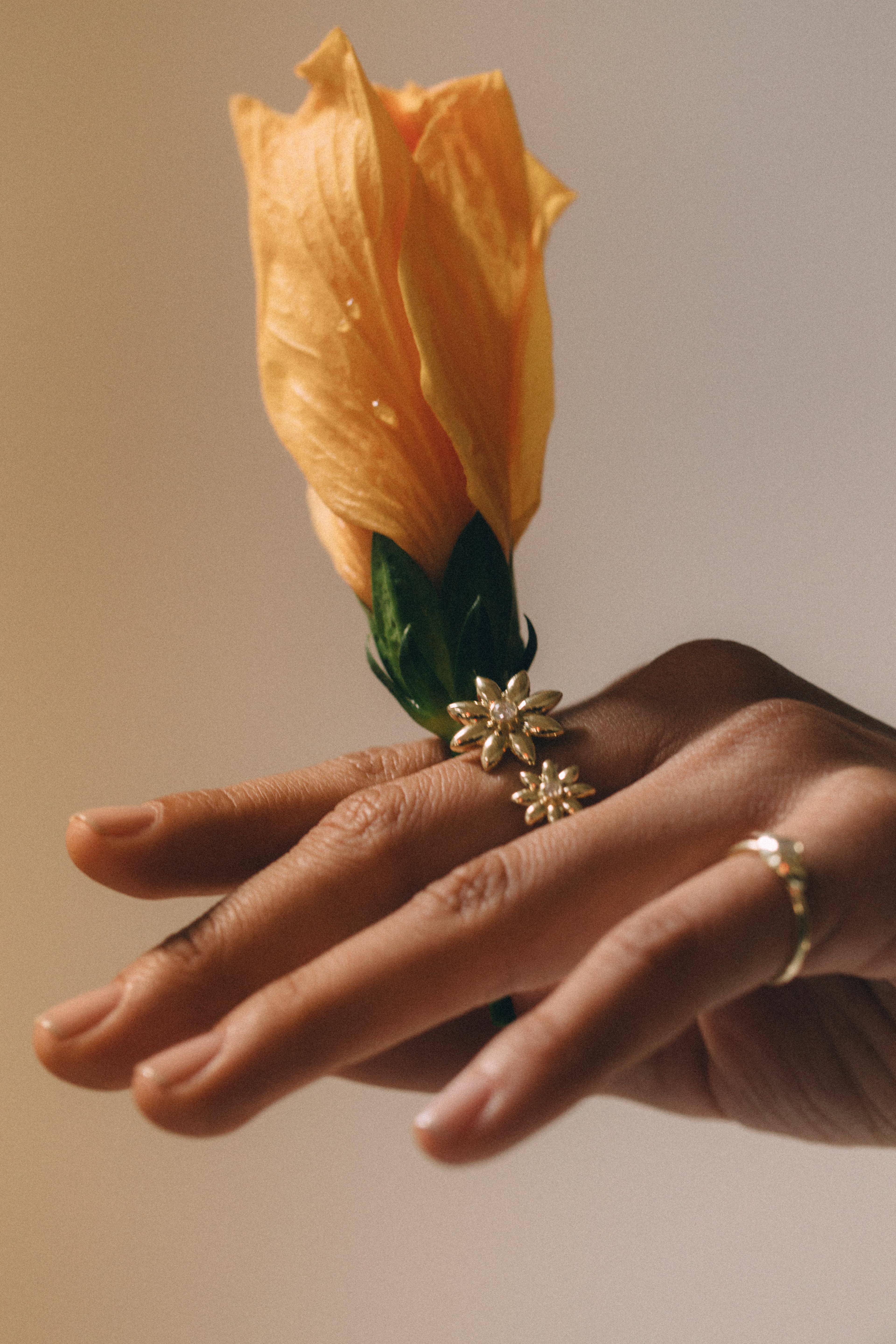 Hand-cast from recycled 18 Karat Yellow Gold. This ARK Fine Jewelry Ring is named Aurora and is a symbol of new beginnings. It has 0.16 Carats White Diamonds. The ring depth is 16 mm and is handmade in Los Angeles using recycled Gold. This Ring is a