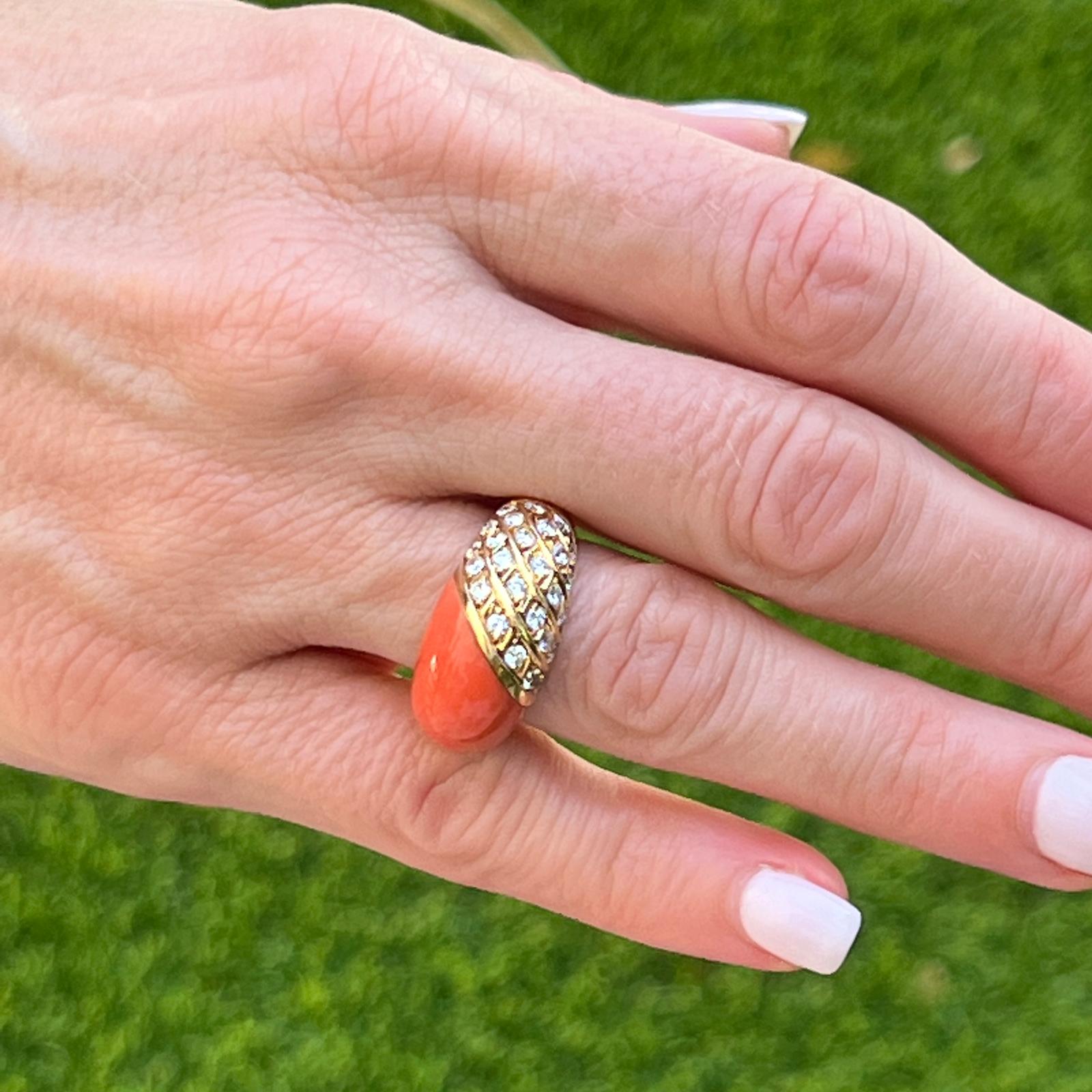 Contemporary Diamond Coral 18 Karat Yellow Gold Dome Vintage Ring For Sale