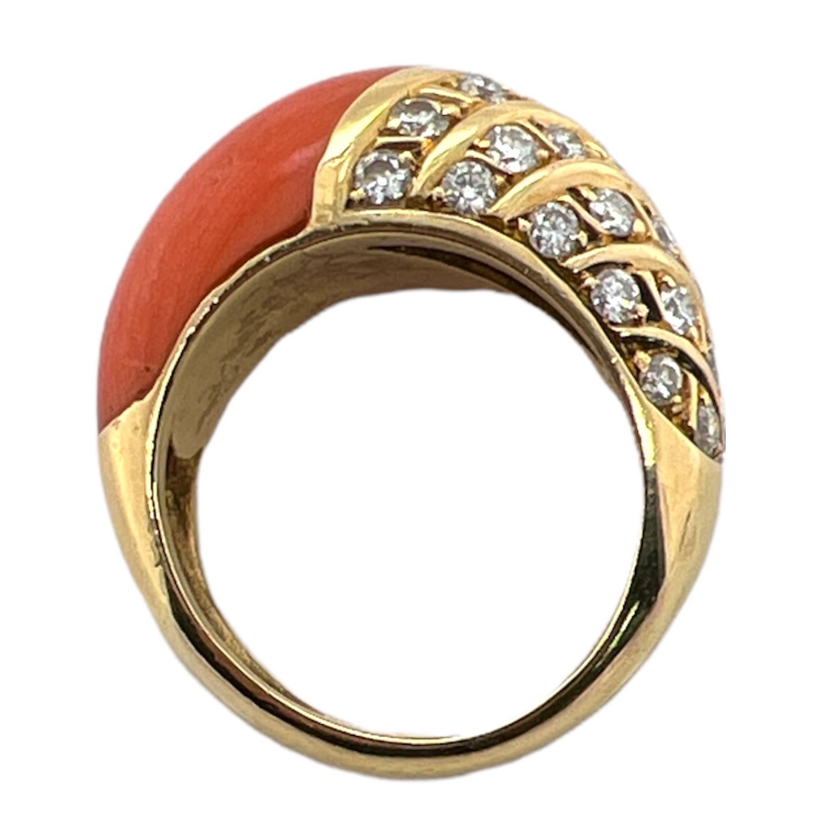 Round Cut Diamond Coral 18 Karat Yellow Gold Dome Vintage Ring For Sale