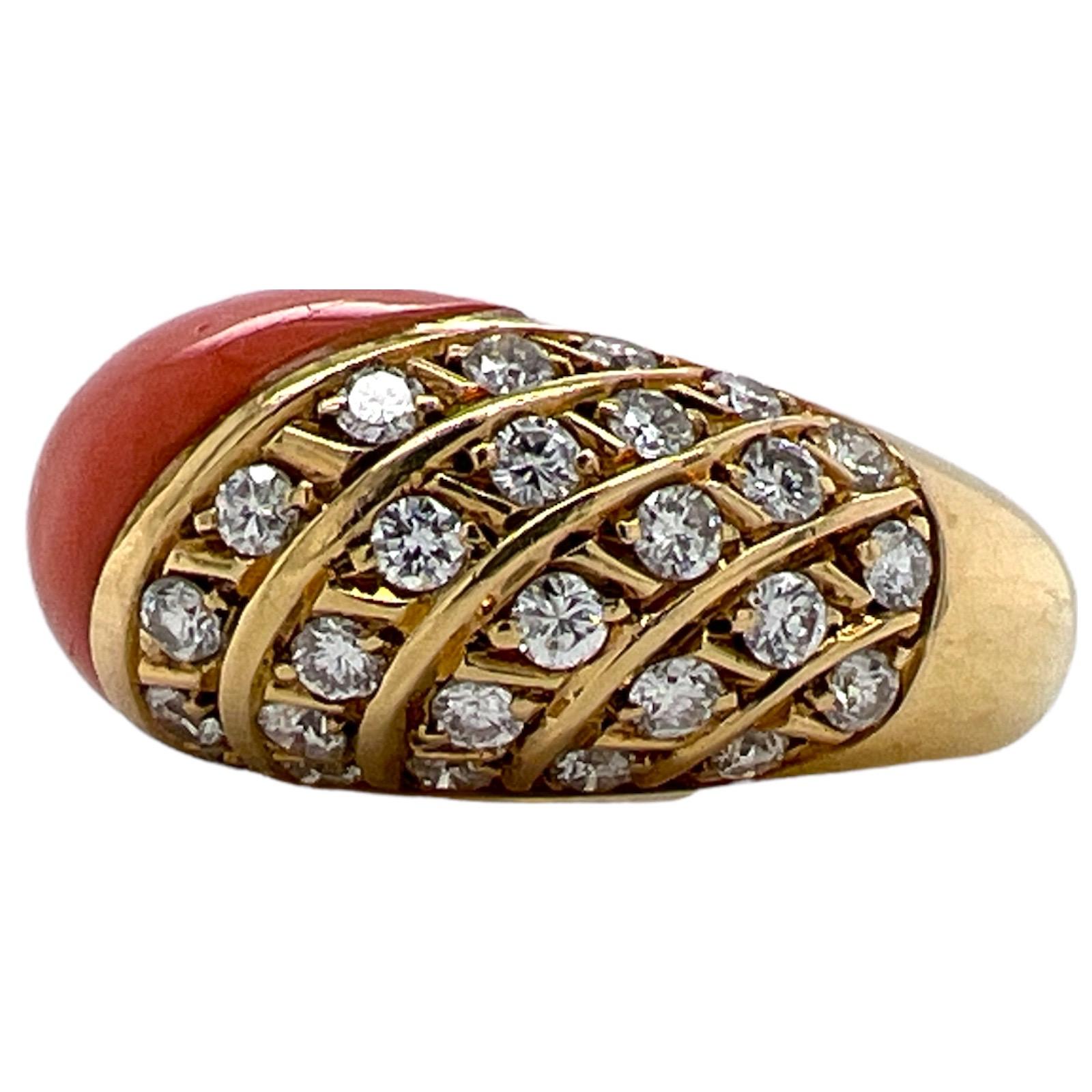 Women's Diamond Coral 18 Karat Yellow Gold Dome Vintage Ring For Sale