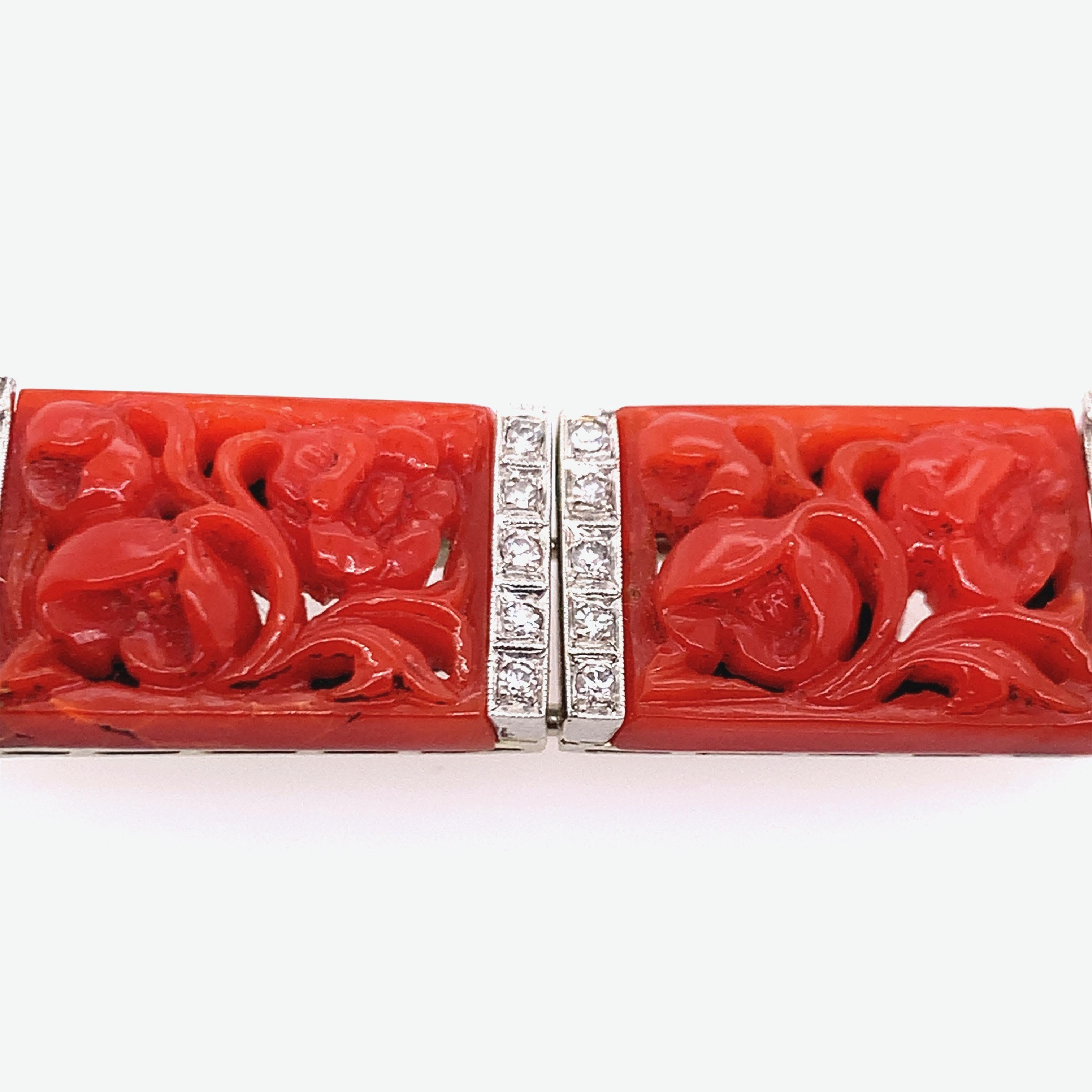Art Deco Diamond, Coral, and Platinum Brooch For Sale