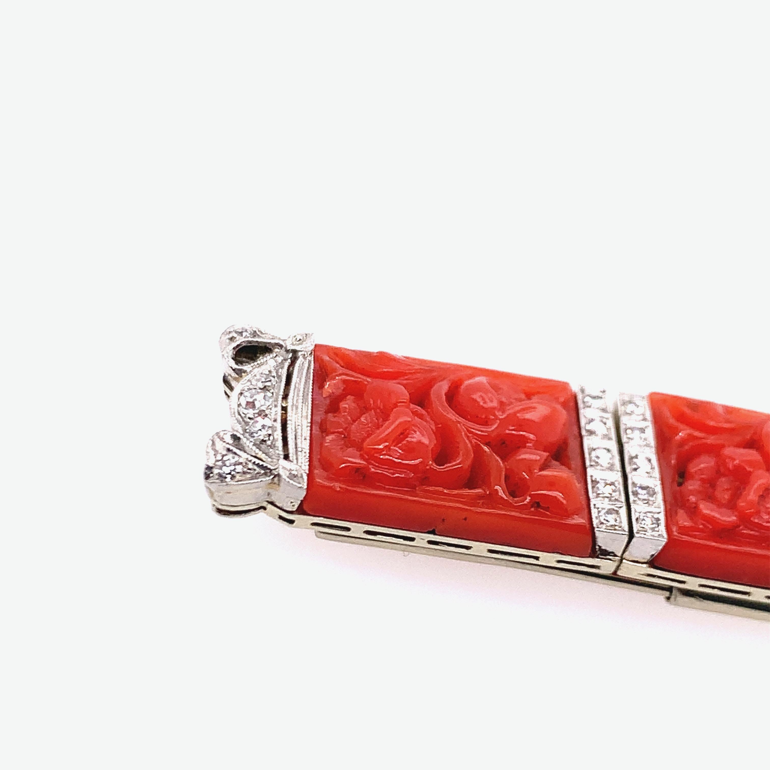 Round Cut Diamond, Coral, and Platinum Brooch For Sale
