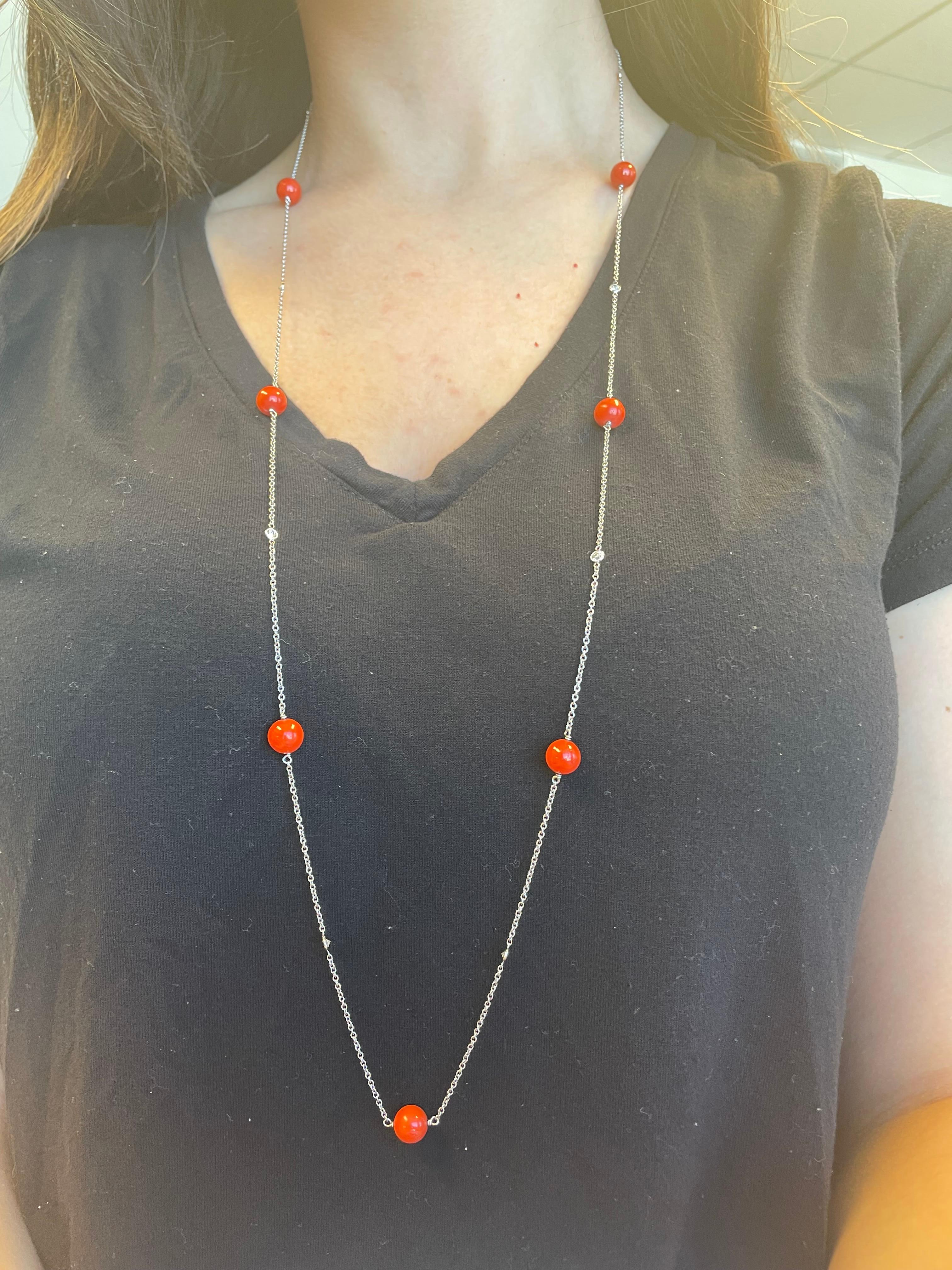 Contemporary Diamond & Coral by the Yard Necklace 18k White Gold For Sale