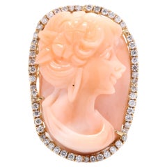 Diamond Coral Cameo Statement Ring, 18KT Yellow Gold, Ring Size 7.5