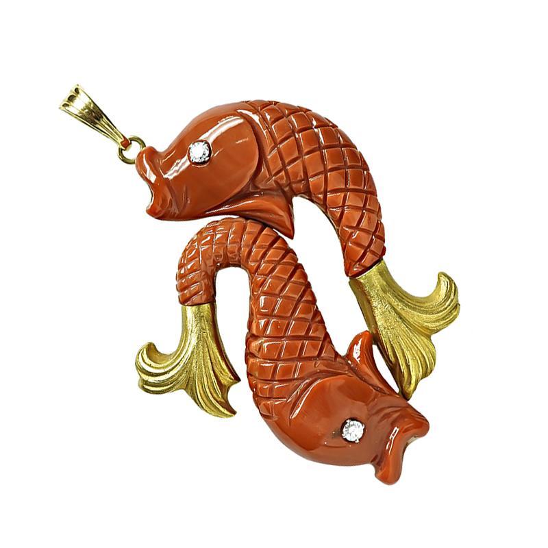 Diamant-Korallen-Gold-Koi-Fisch-Anhänger (Rundschliff) im Angebot