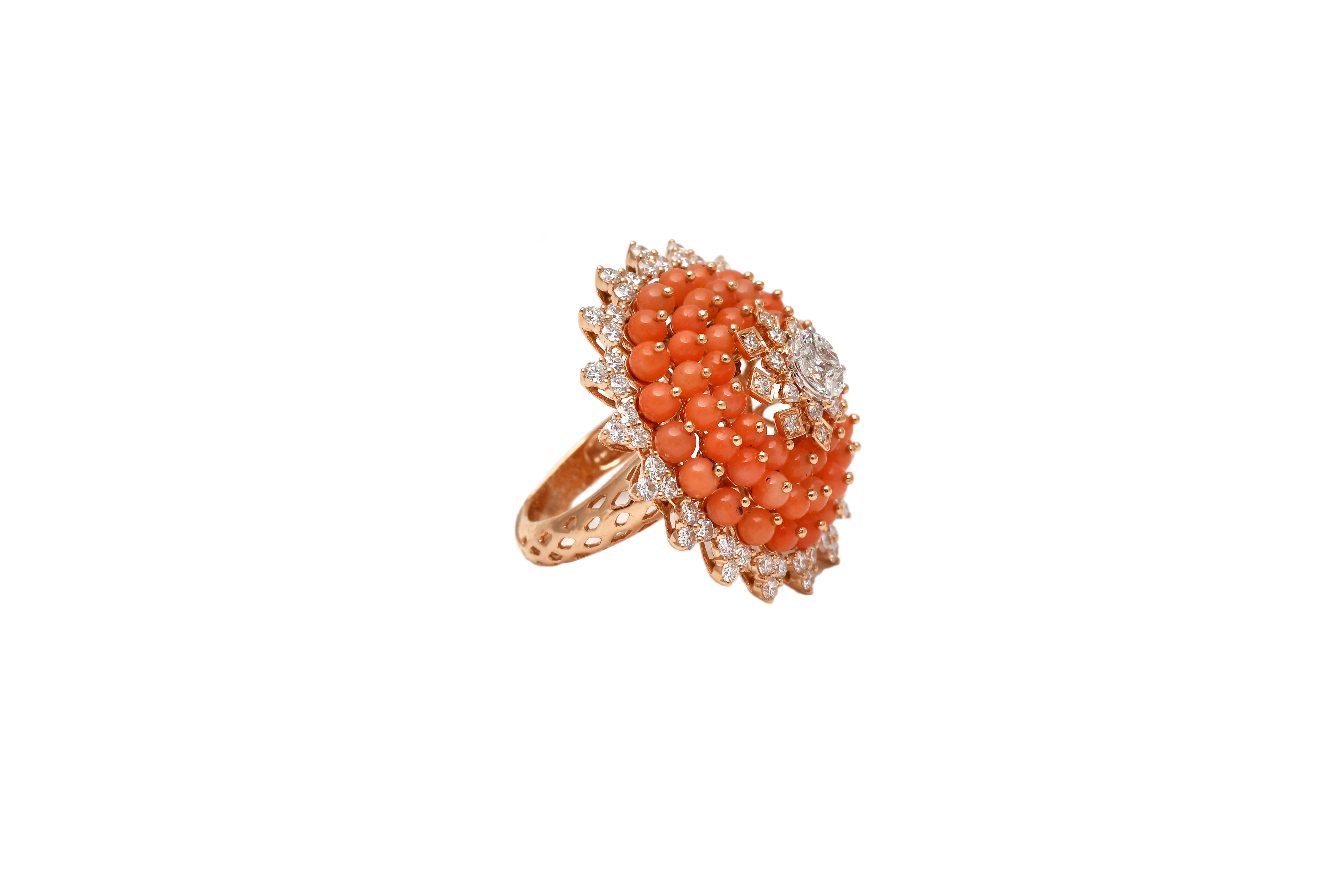Diamond coral gold 18k ring
