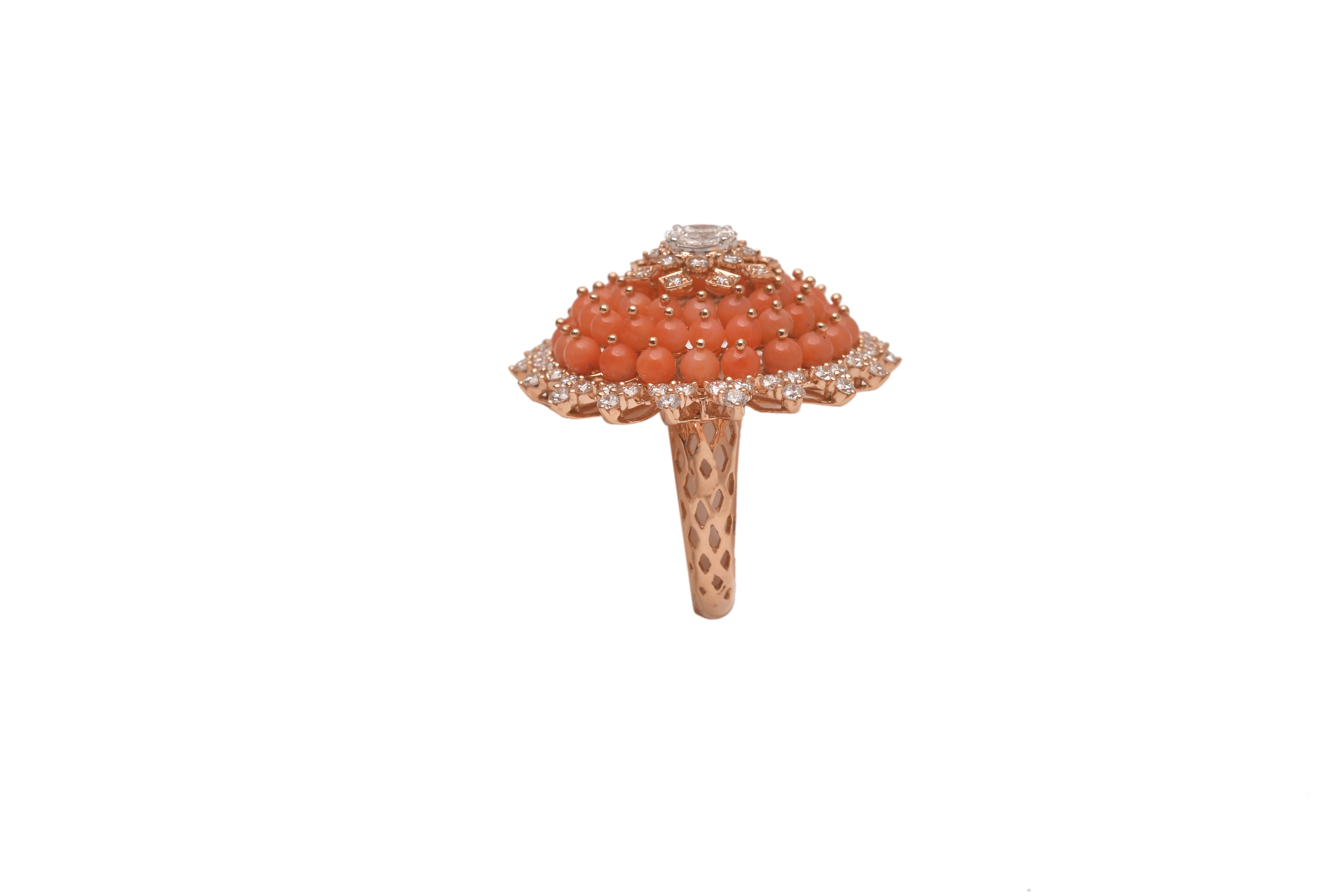 Women's 18k gold 1.86cts Diamond & 8.35cts Coral Ring For Sale