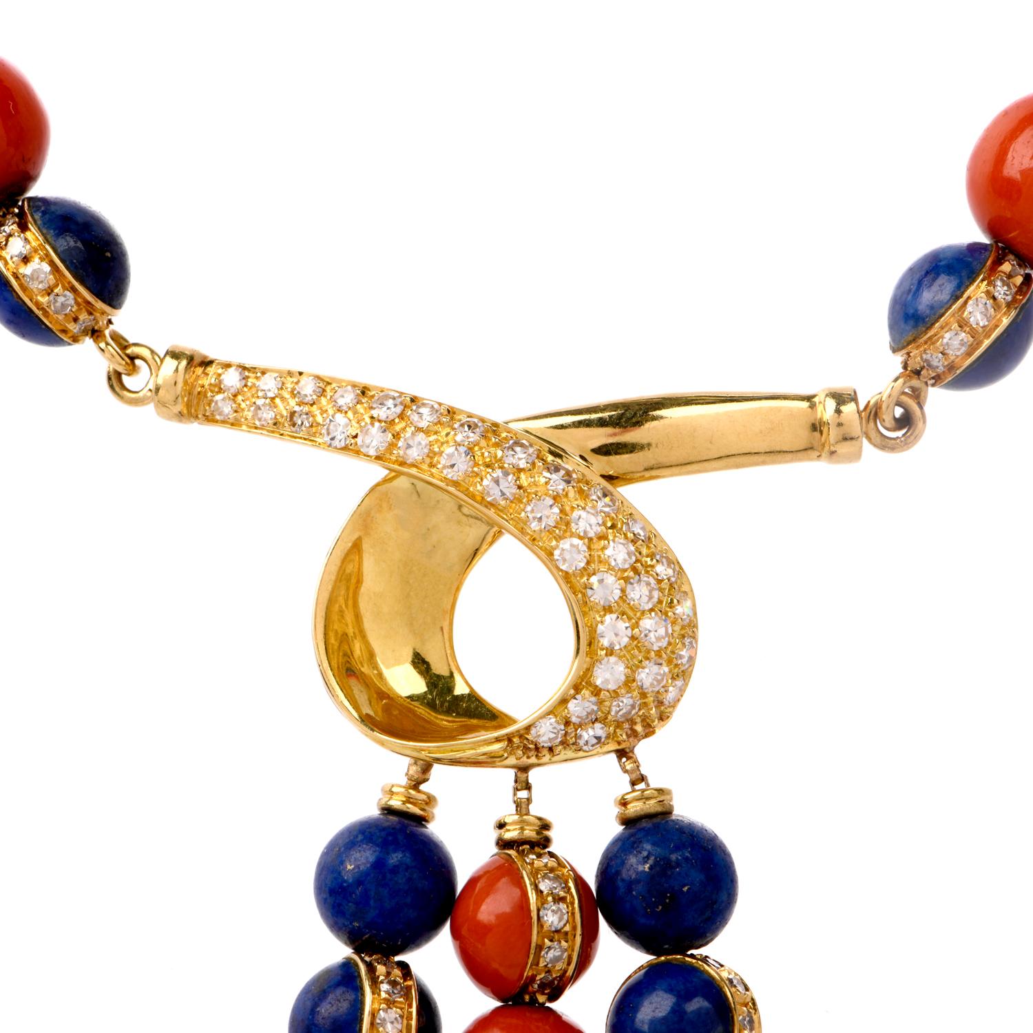 Statement-Halskette aus Gelbgold mit Diamanten, Korallen und Lapislazuliperlen Damen
