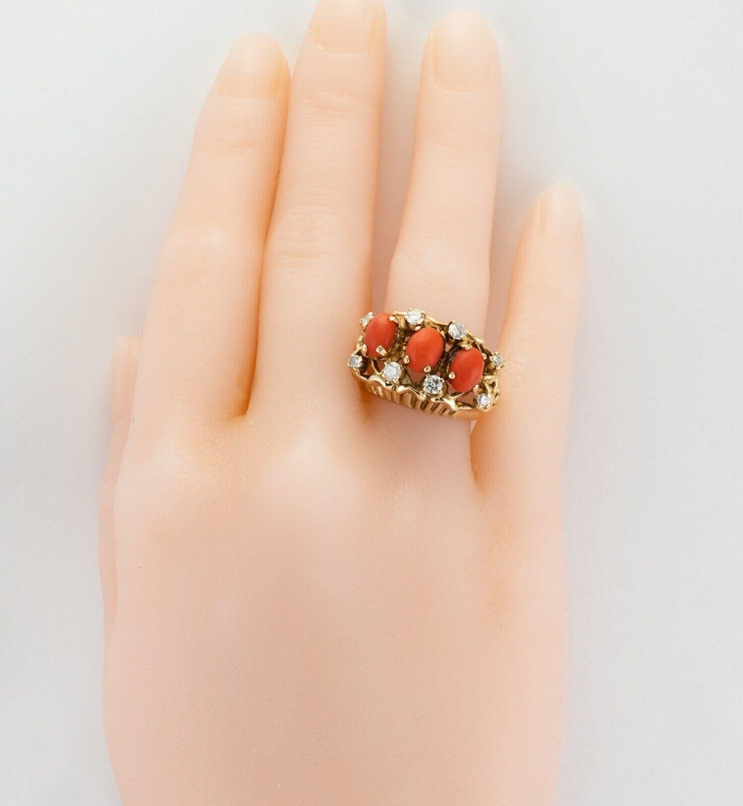 Diamond Coral Red Ring 14K Gold Vintage Estate Three Stone For Sale 5