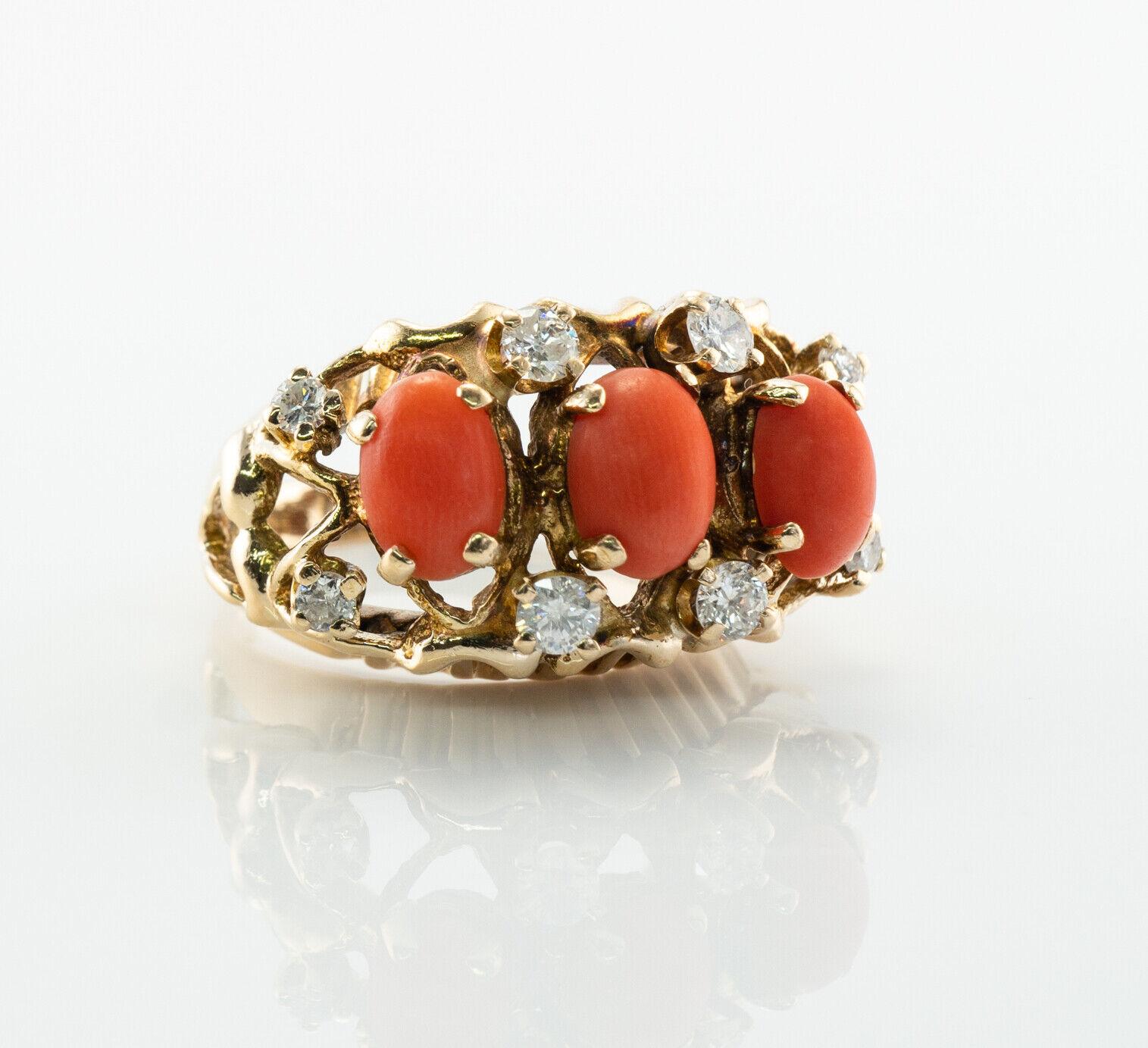 Diamond Coral Red Ring 14K Gold Vintage Estate Three Stone For Sale 6