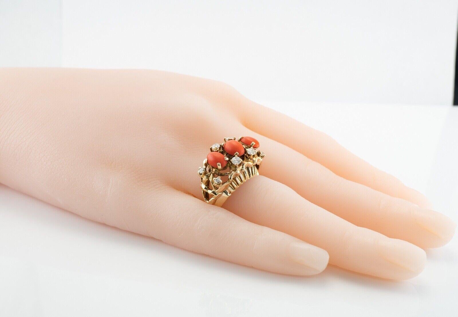Diamond Coral Red Ring 14K Gold Vintage Estate Three Stone For Sale 7