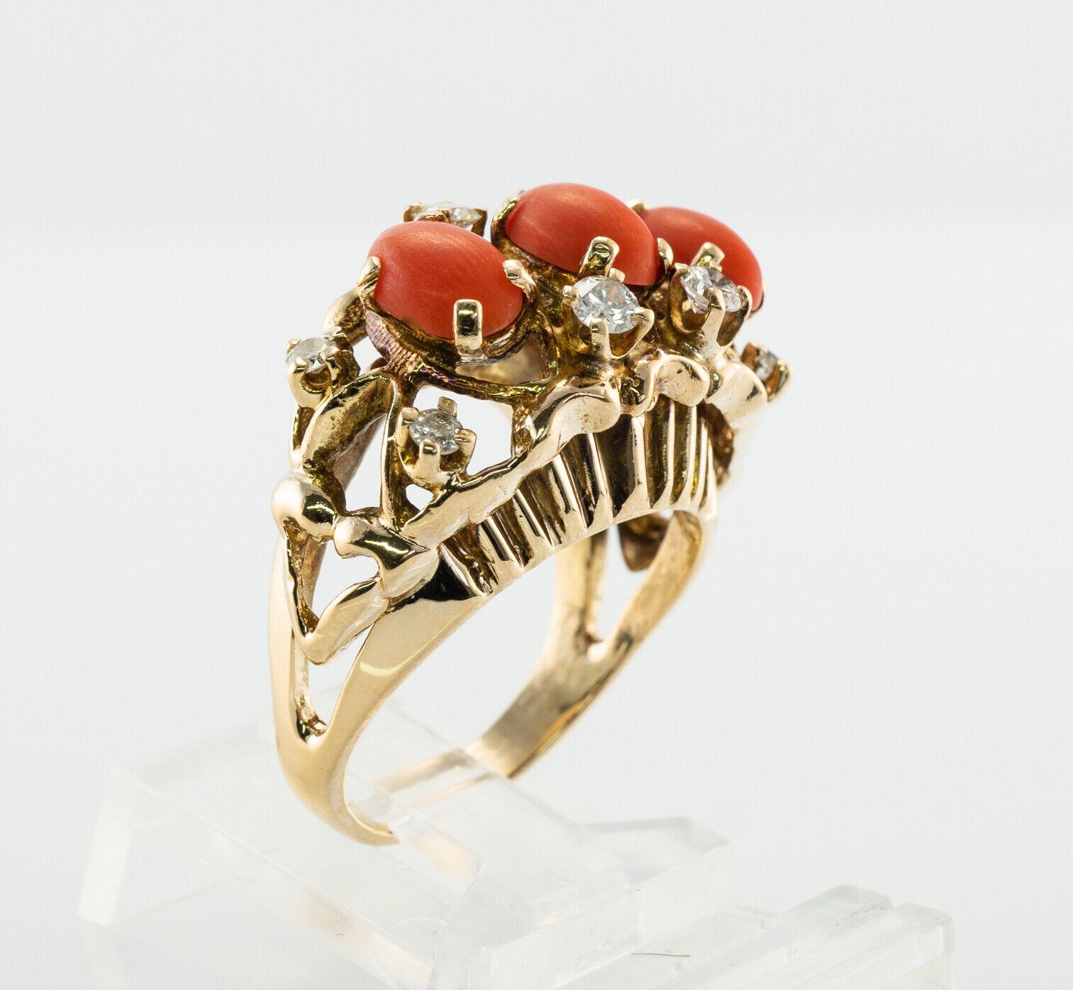 Diamond Coral Red Ring 14K Gold Vintage Estate Three Stone For Sale 3