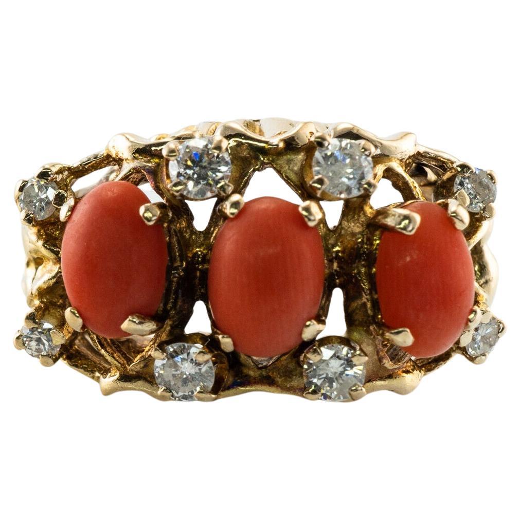 Diamond Coral Red Ring 14K Gold Vintage Estate Three Stone For Sale
