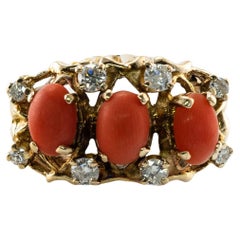Diamond Coral Red Ring 14K Gold Vintage Estate Three Stone