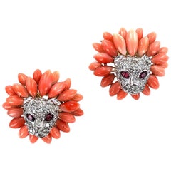 Vintage Diamond Coral Ruby Panther Two-Tone Gold Earrings