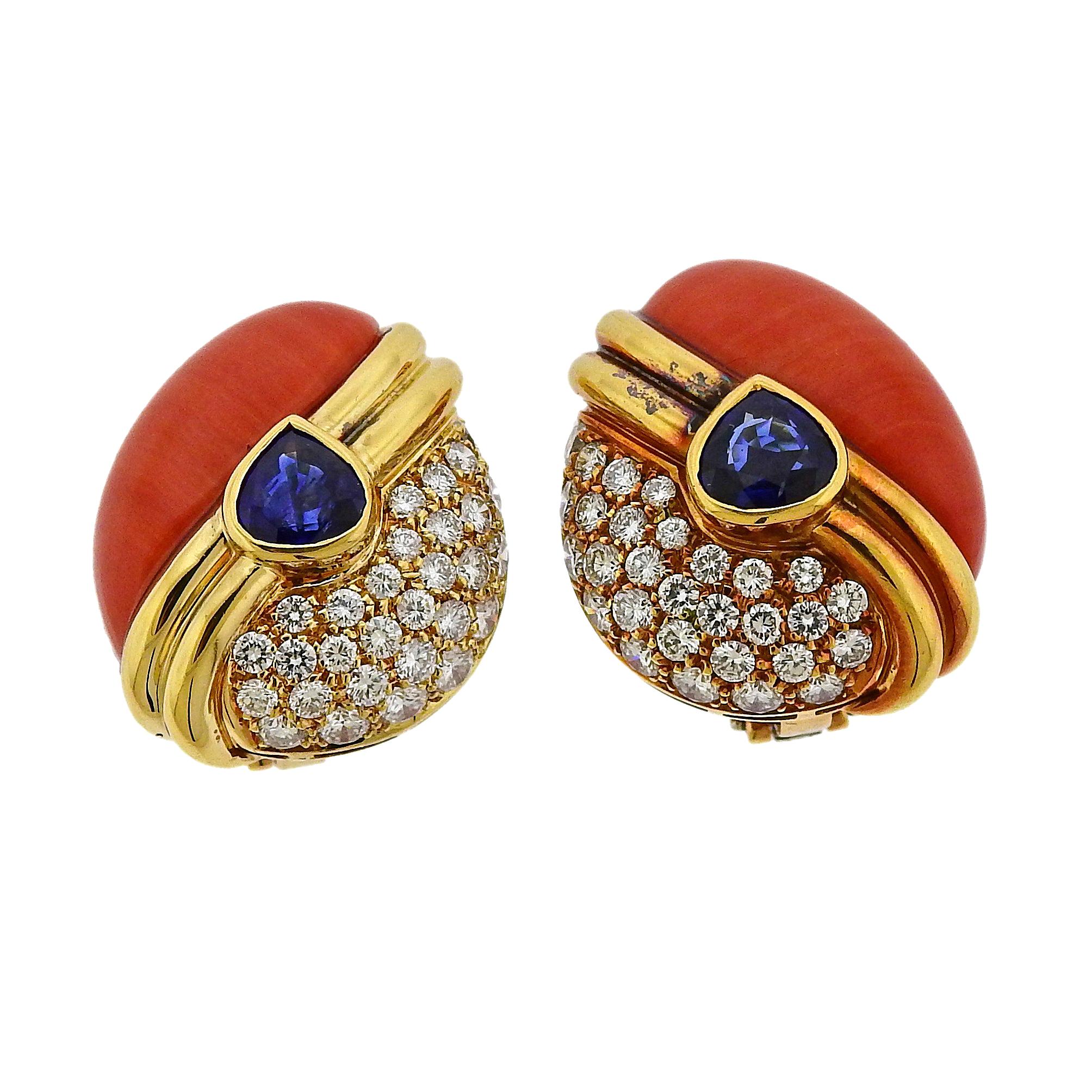 Diamond Coral Sapphire Gold Earrings