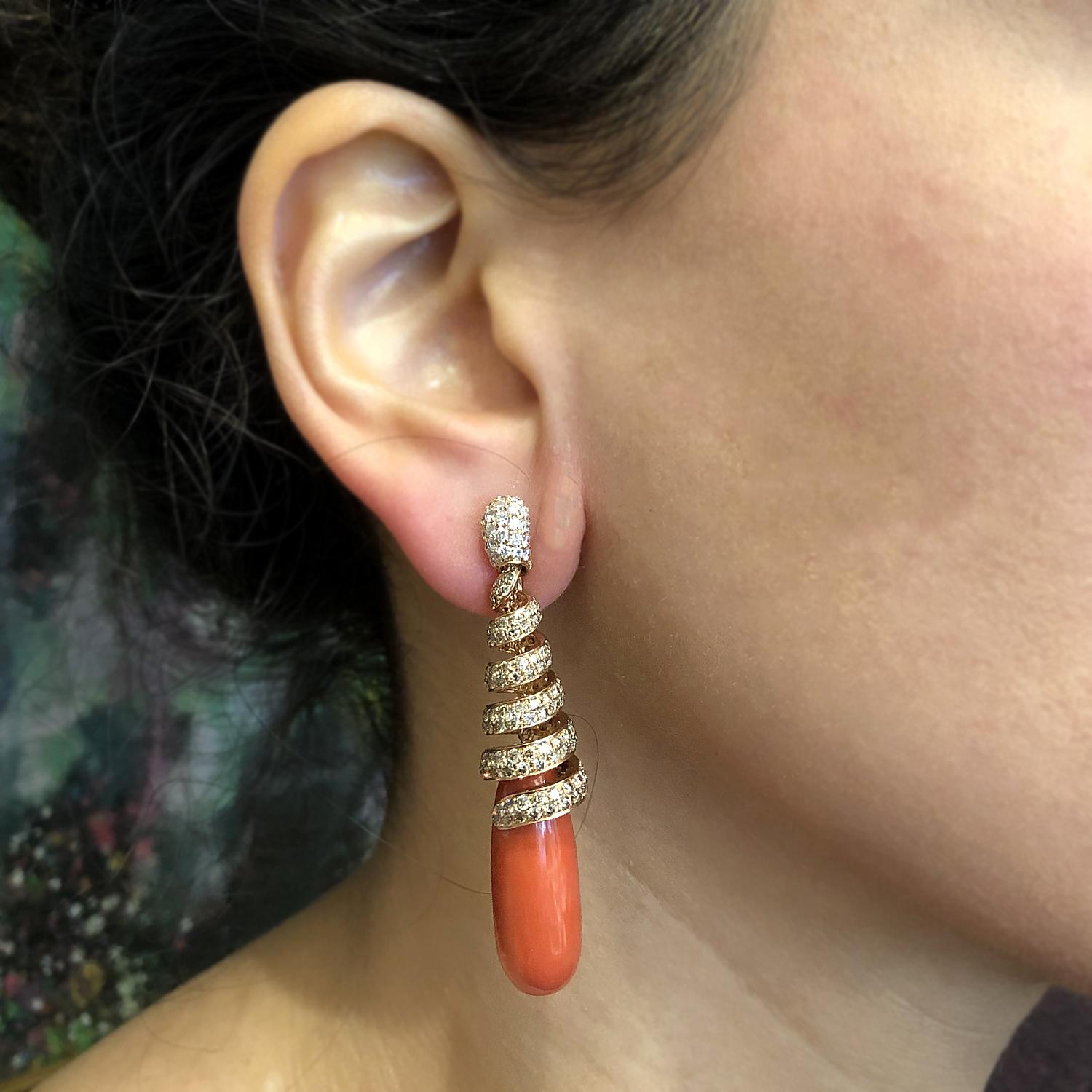 Round Cut Diamond Coral Twist Gold Drop Earrings