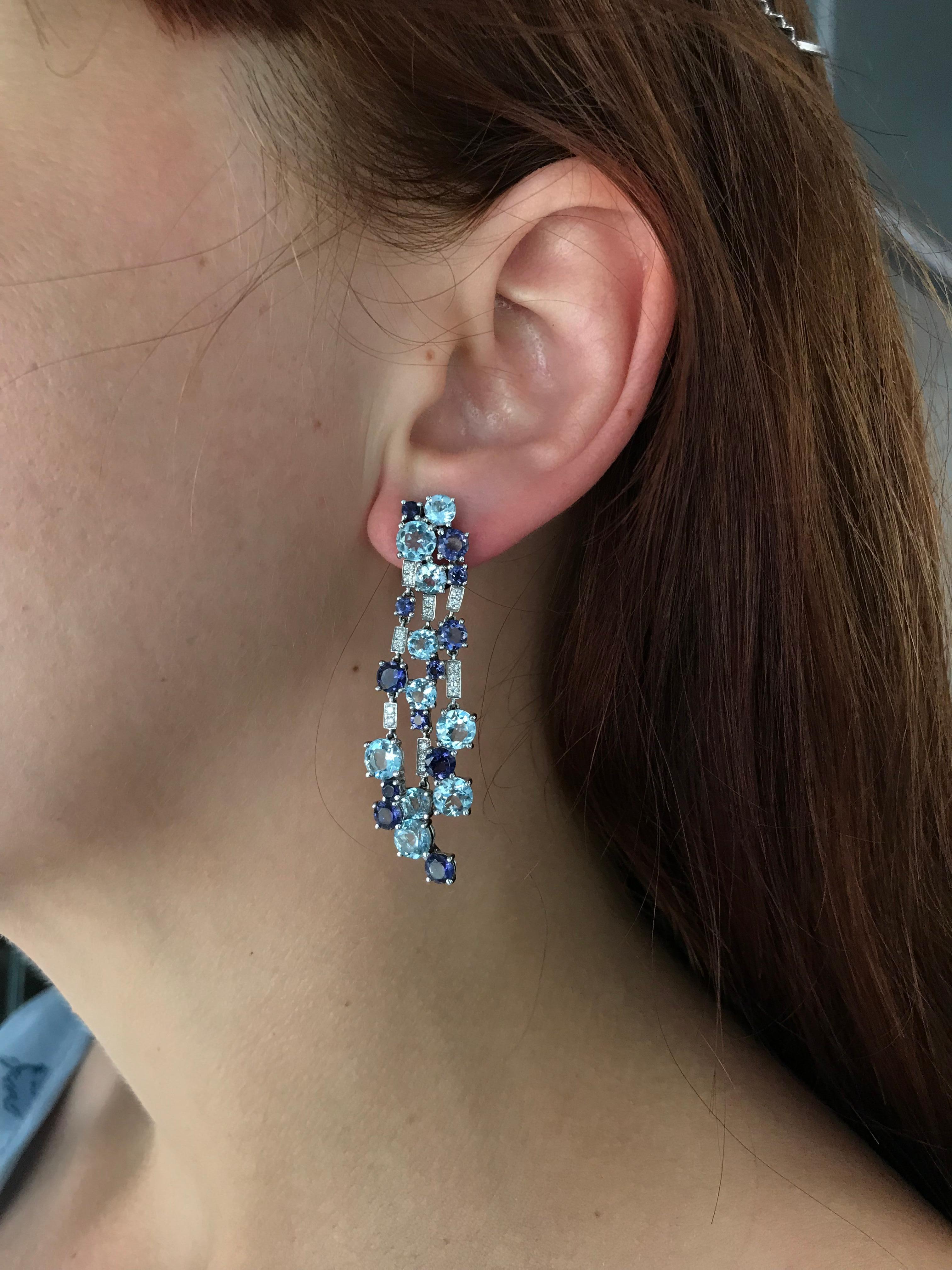 Modern Diamond Cordierite Topaz Fancy Dangling Earrings 18 Karat White Gold for Her For Sale