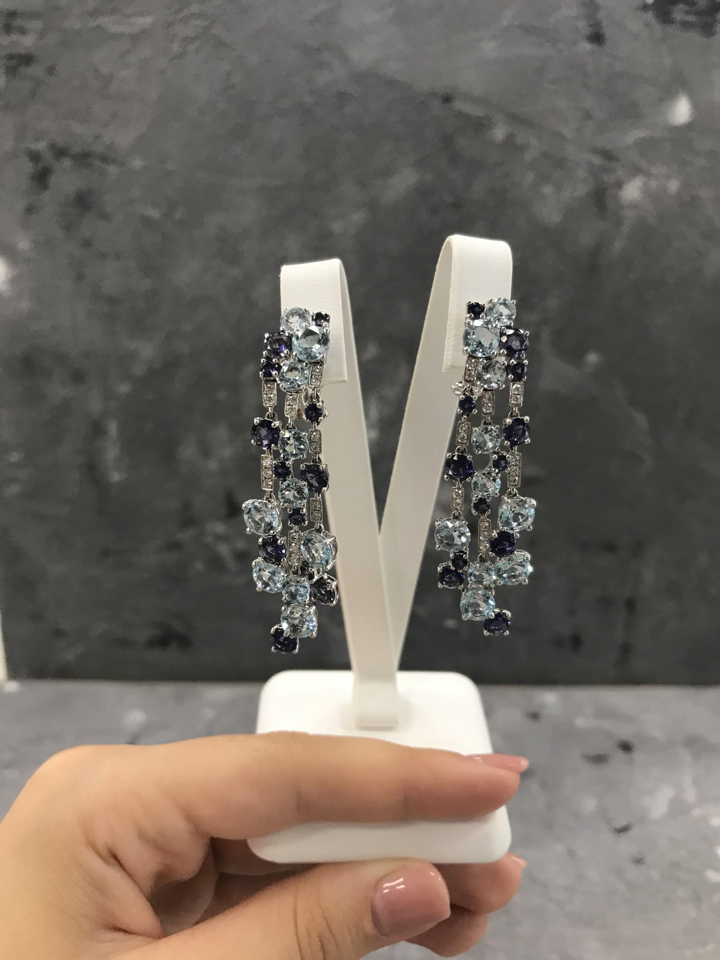 Round Cut Diamond Cordierite Topaz Fancy Dangling Earrings 18 Karat White Gold for Her For Sale