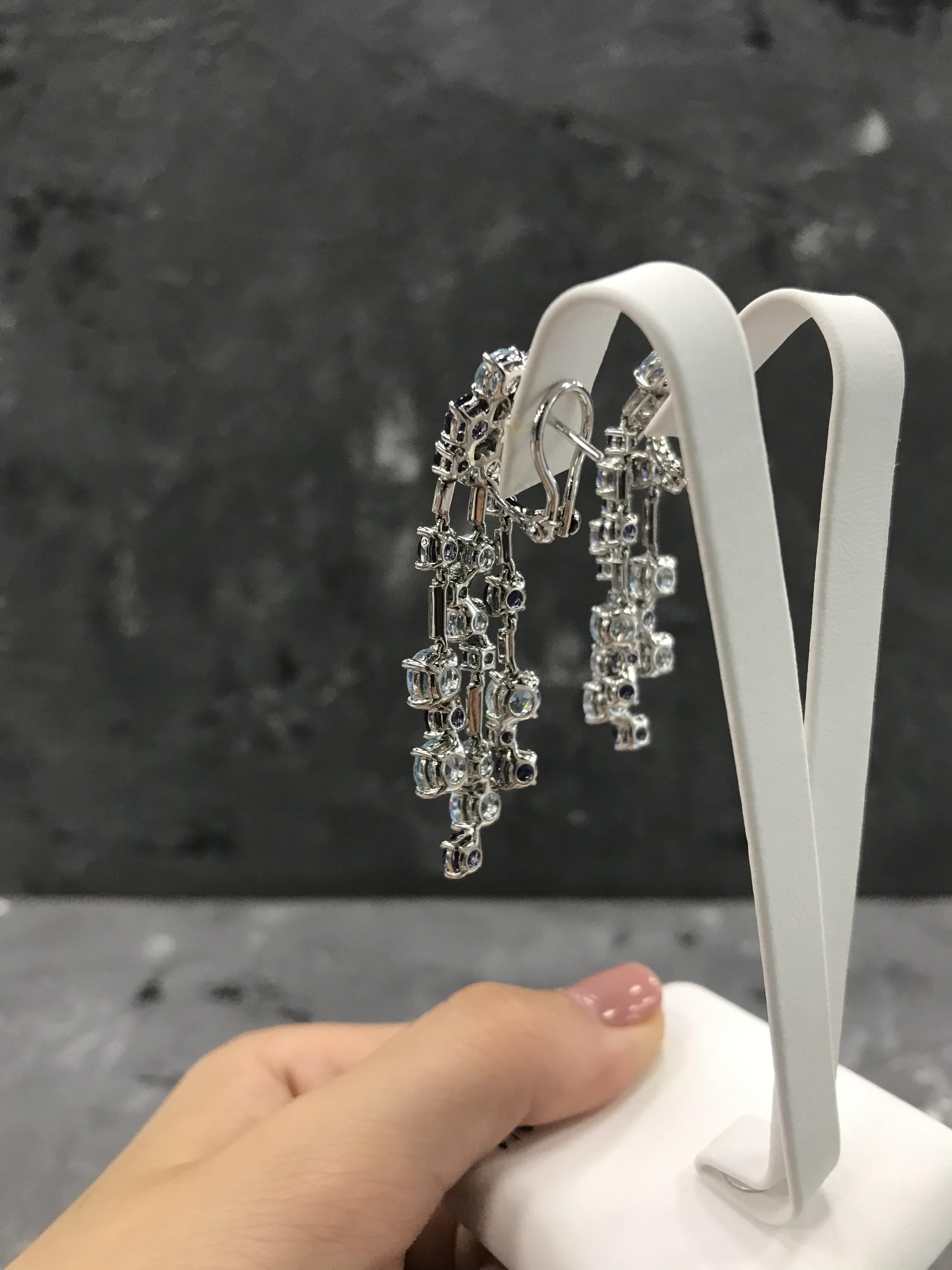 Women's Diamond Cordierite Topaz Fancy Dangling Earrings 18 Karat White Gold for Her For Sale