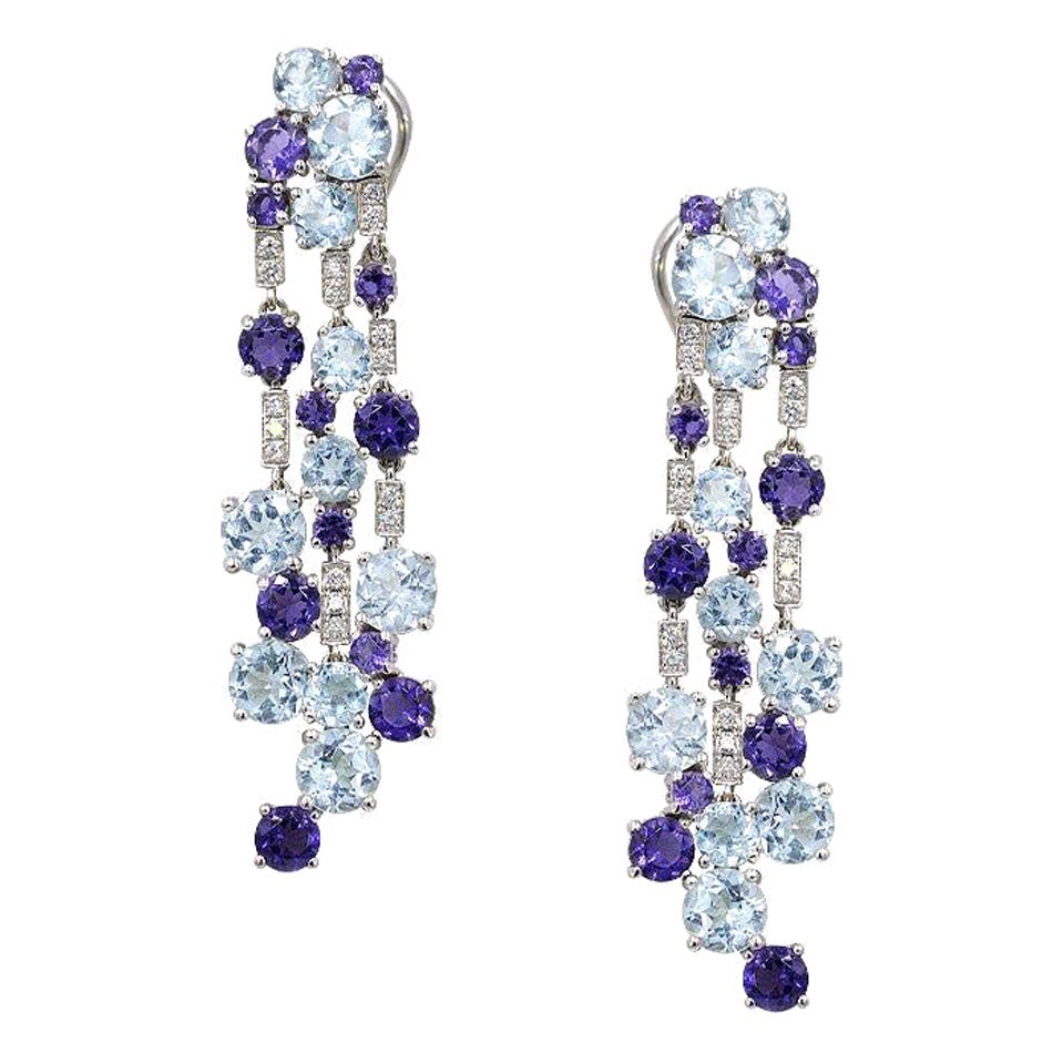 Diamond Cordierite Topaz Fancy Dangling Earrings 18 Karat White Gold for Her For Sale