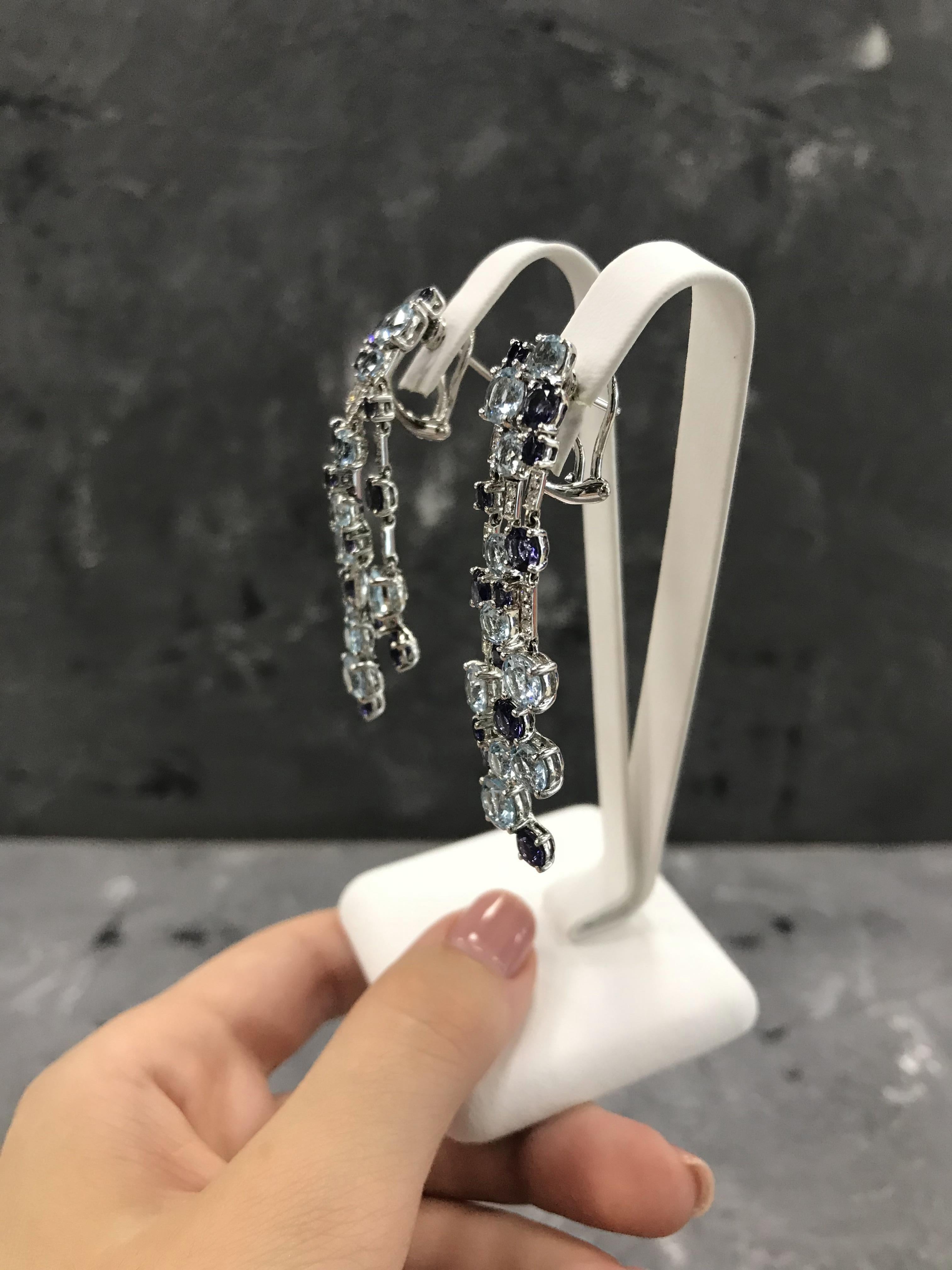 Diamond Cordierite Topaz Fancy Dangling Earrings 18 Karat White Gold In New Condition For Sale In Montreux, CH